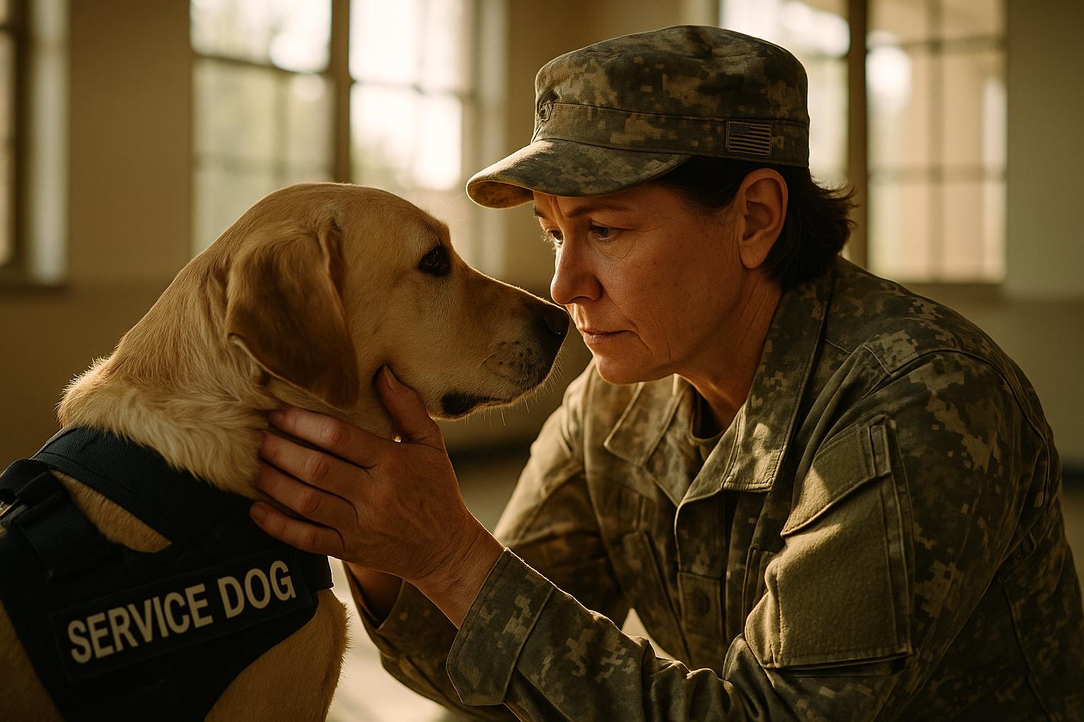 A woman veteran training a service dog in a sunlit room, close-up showing hand on the dog's collar and the dog's attentive face
