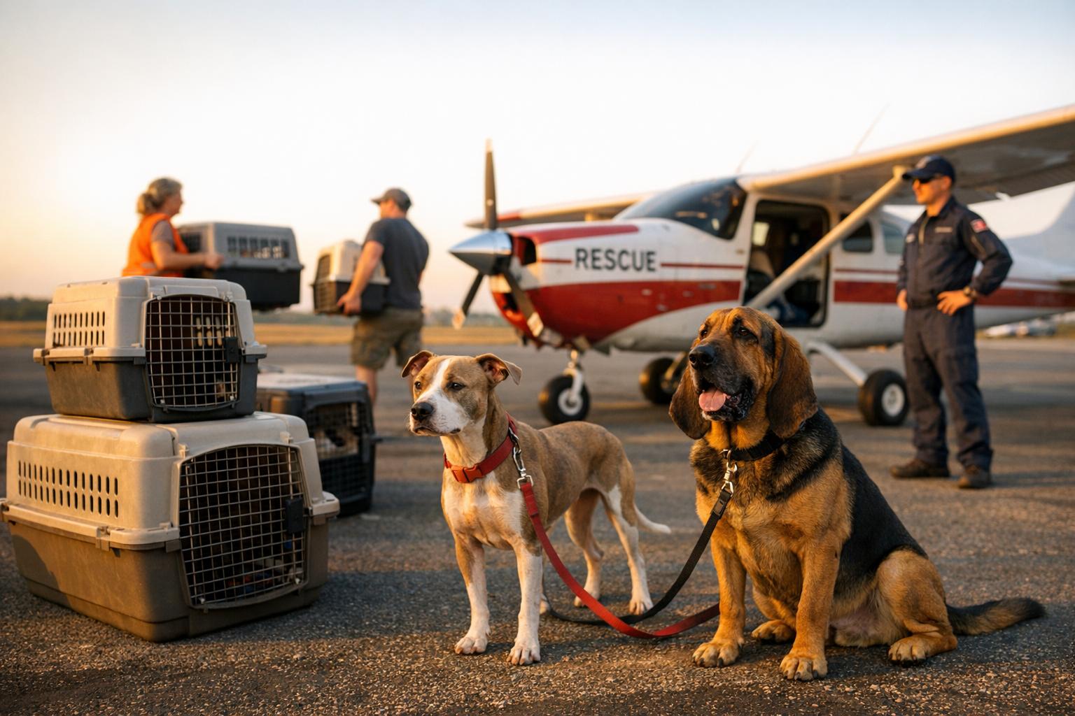 Pit bull mix and bloodhound on a tarmac near stacked pet crates beside a small rescue plane, volunteers loading crates at golden hour