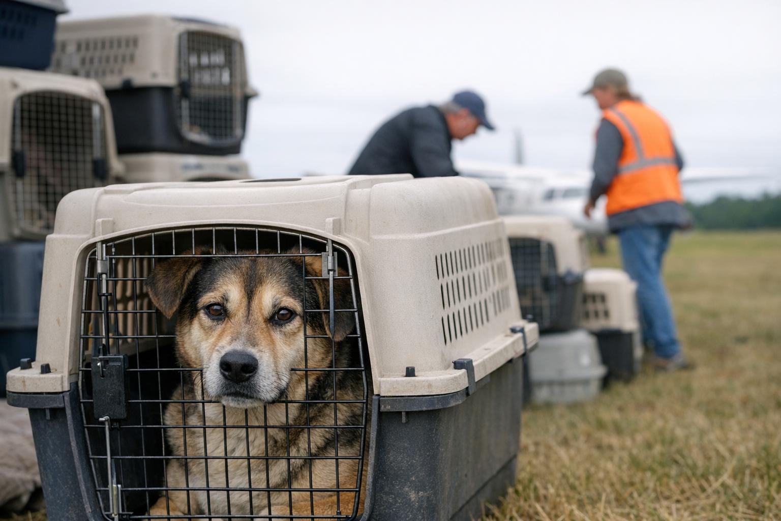 Mixed-breed shelter dog in a crate at a rural airfield during an animal rescue airlift