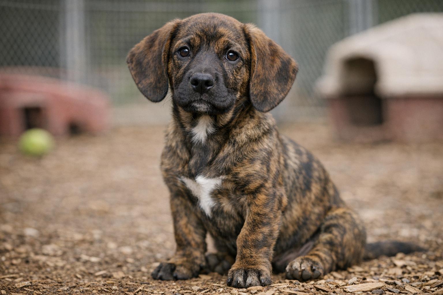 Five-month-old Basset/Hound mix named Seven sitting in a shelter play yard with a brindle coat and black snout