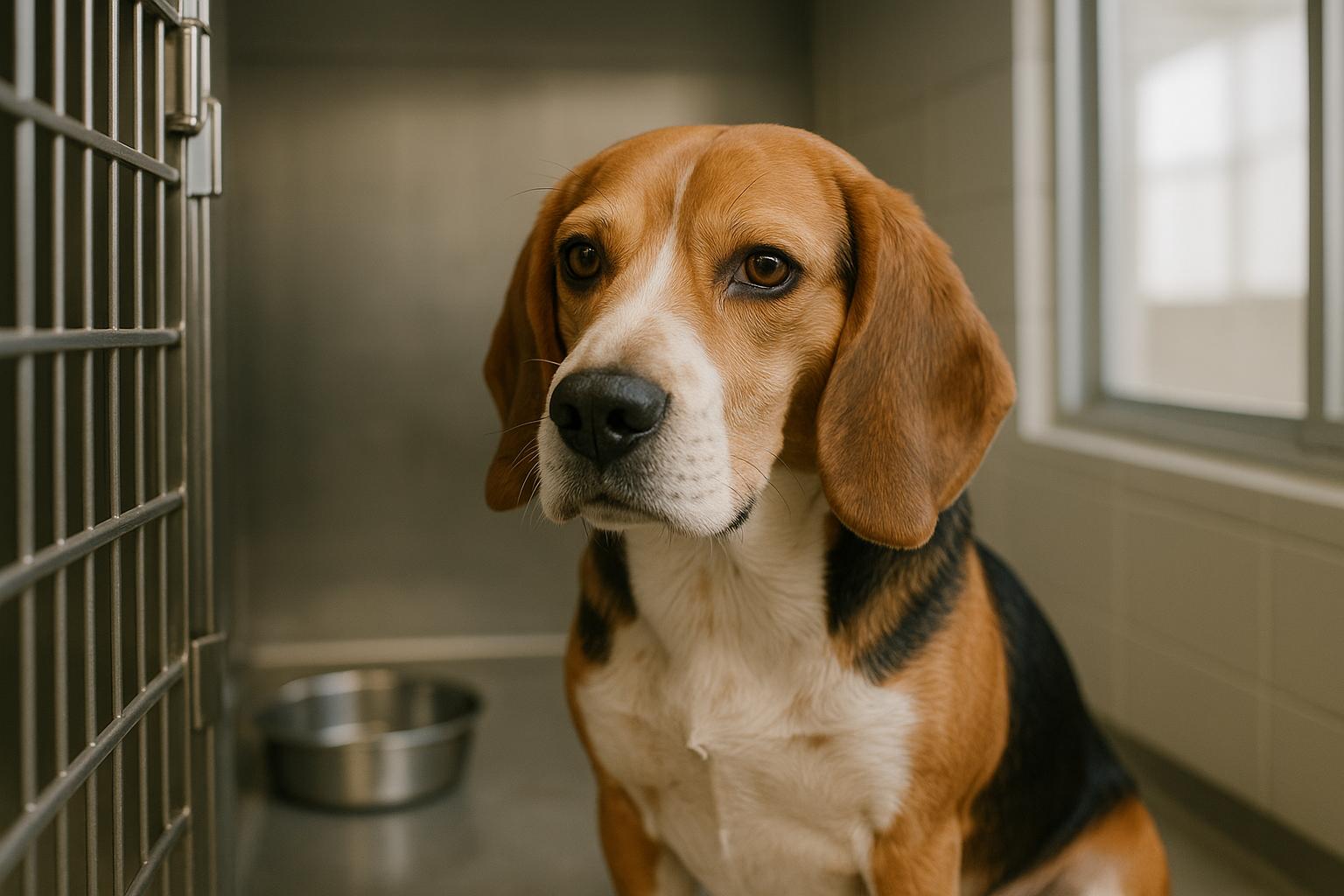 Adult beagle in a veterinary research setting, calm and alert, with feeding bowl visible