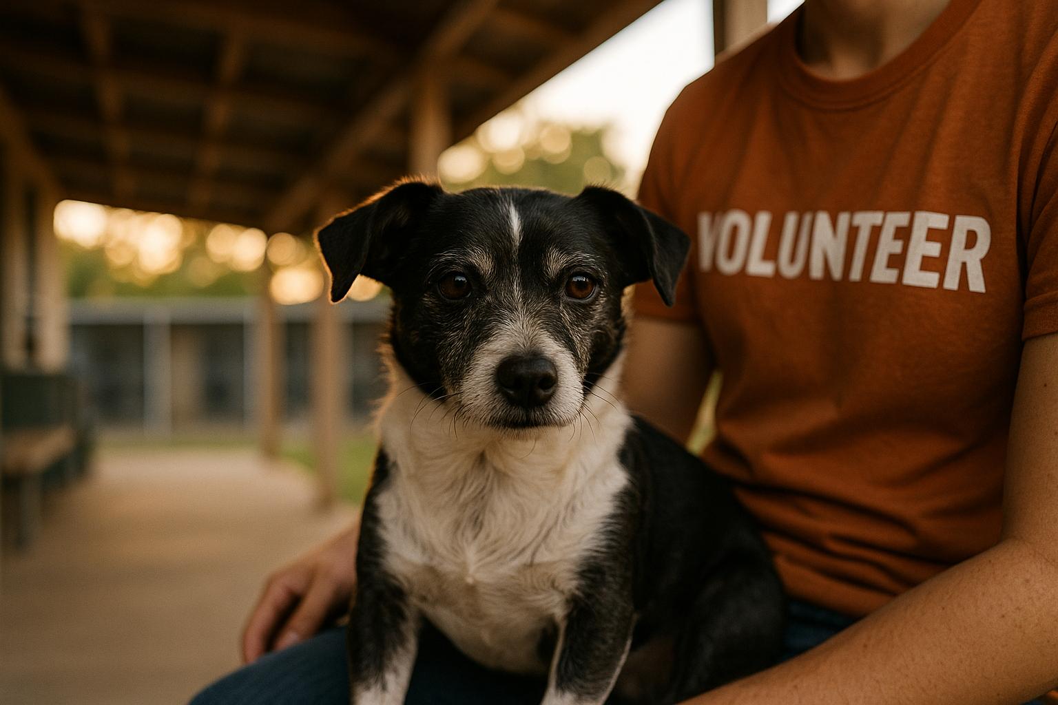Small black-and-white mixed-breed dog sitting on a volunteer's lap on a porch at golden hour