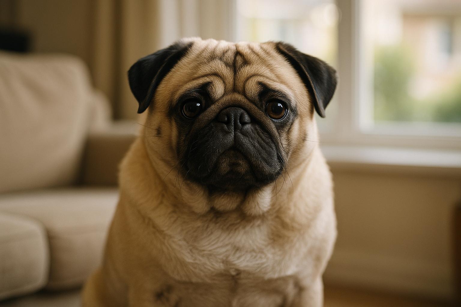 Close-up portrait of a Pug with a round, bear-like face and soulful eyes sitting in a living room.