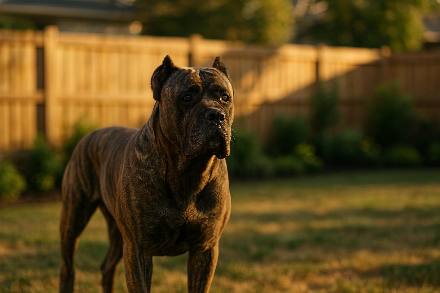 A Cane Corso standing alert in a suburban backyard at golden hour