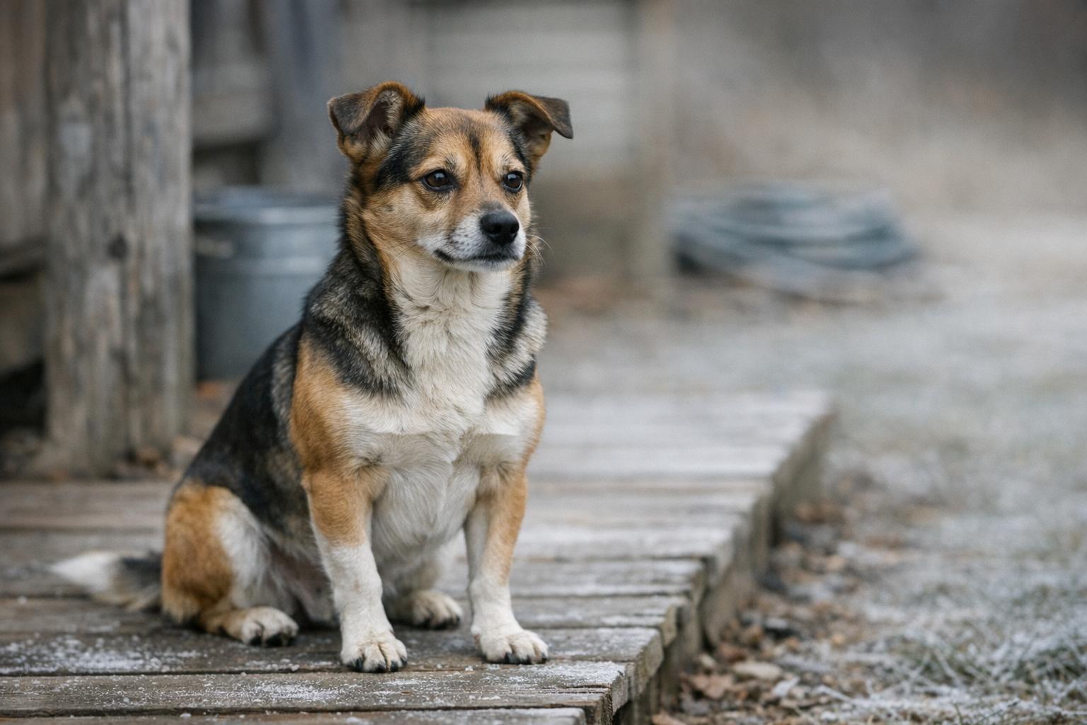 Short-coated small dog sitting on a porch in soft winter light
