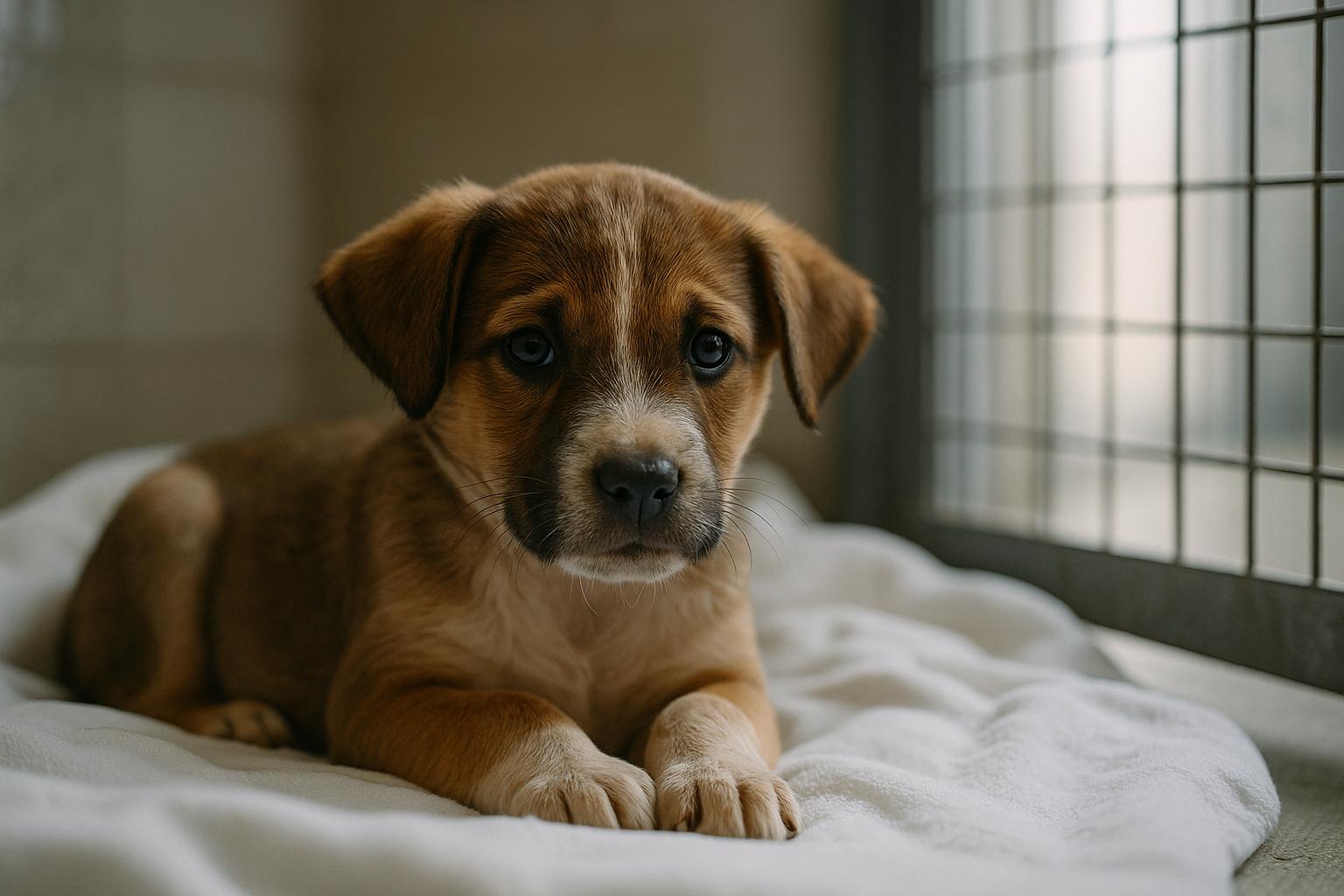 Mixed-breed puppy resting on a blanket in a shelter kennel, calm and healthy-looking