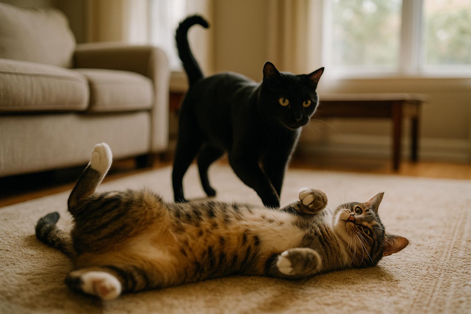 Two rescue cats, Bear prancing and Pharrah rolling on her back, in a sunlit living room