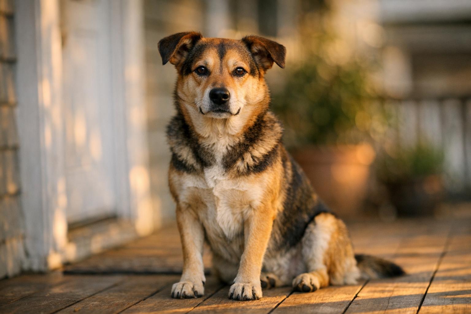Medium-sized mixed-breed dog sitting on a front porch in golden hour light, attentive and calm