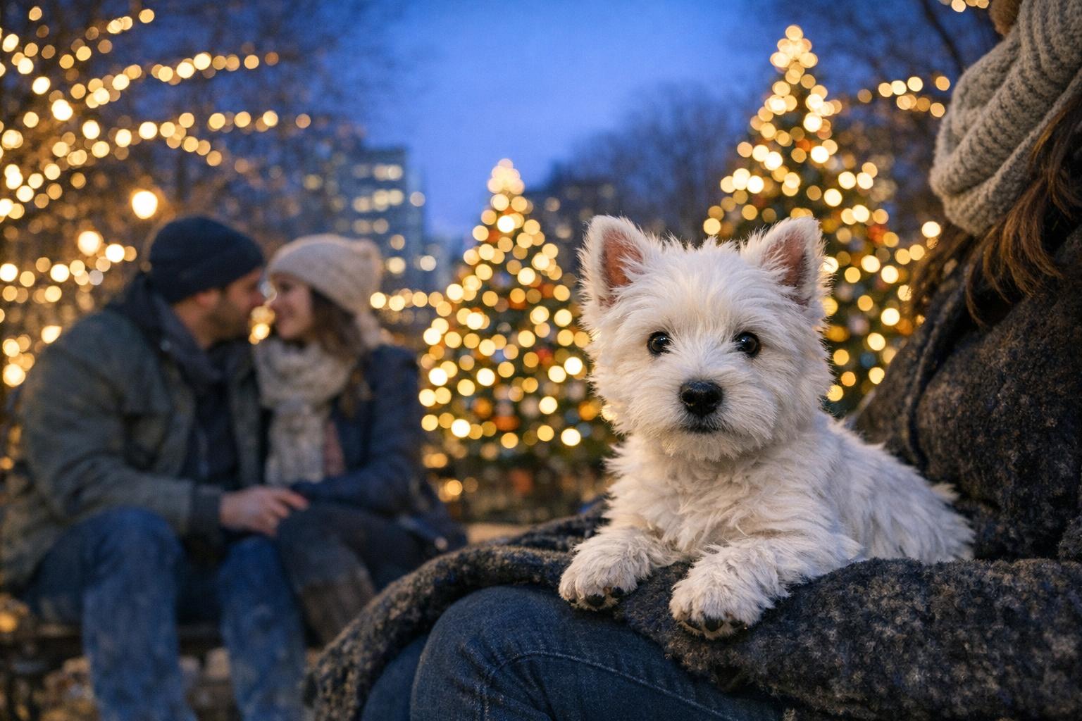West Highland Terrier puppy sitting on a lap at an outdoor holiday lights display in a city park