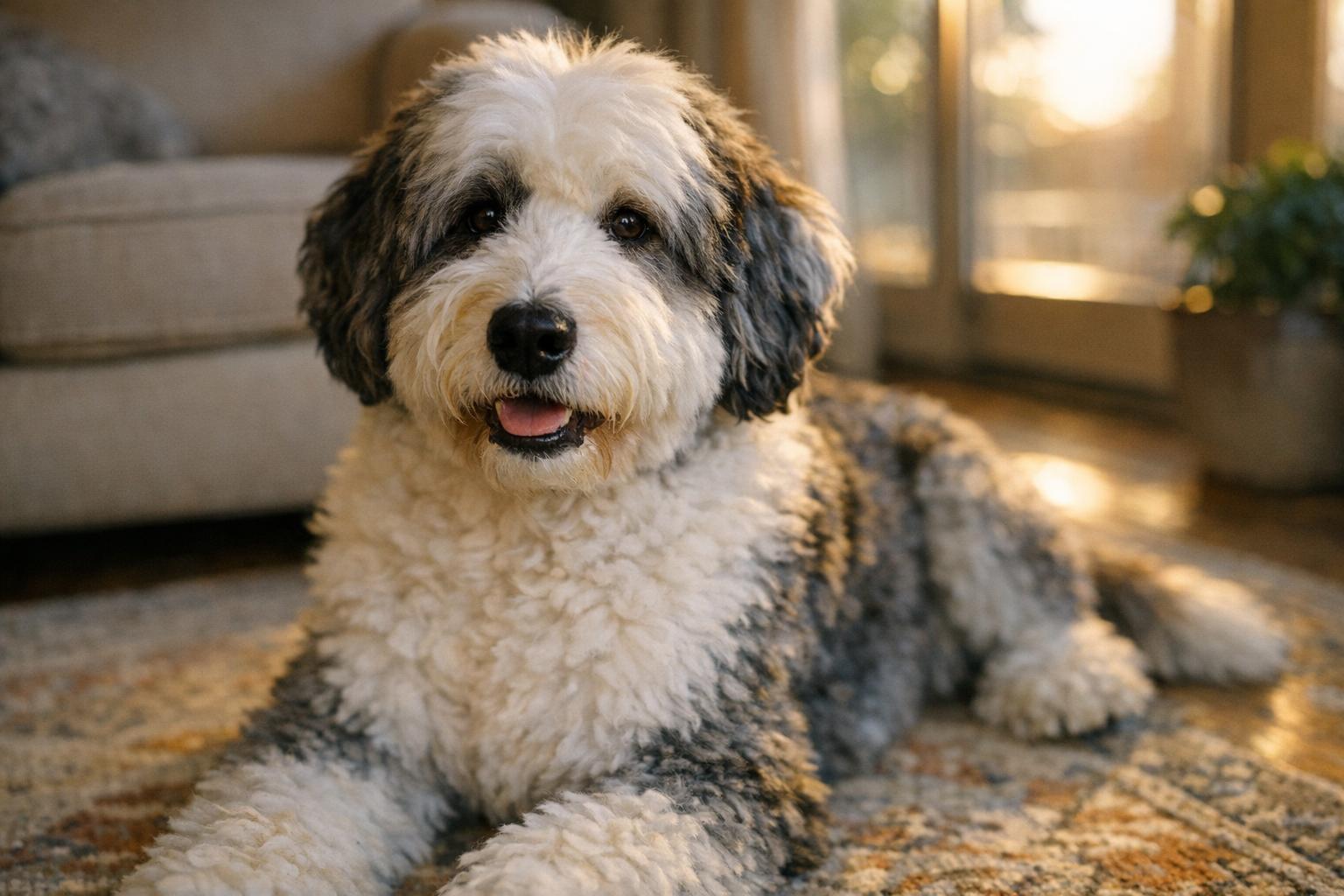 Adult Sheepadoodle sitting on a living room rug near a sunlit window, showing fluffy, slightly curly coat and calm expression