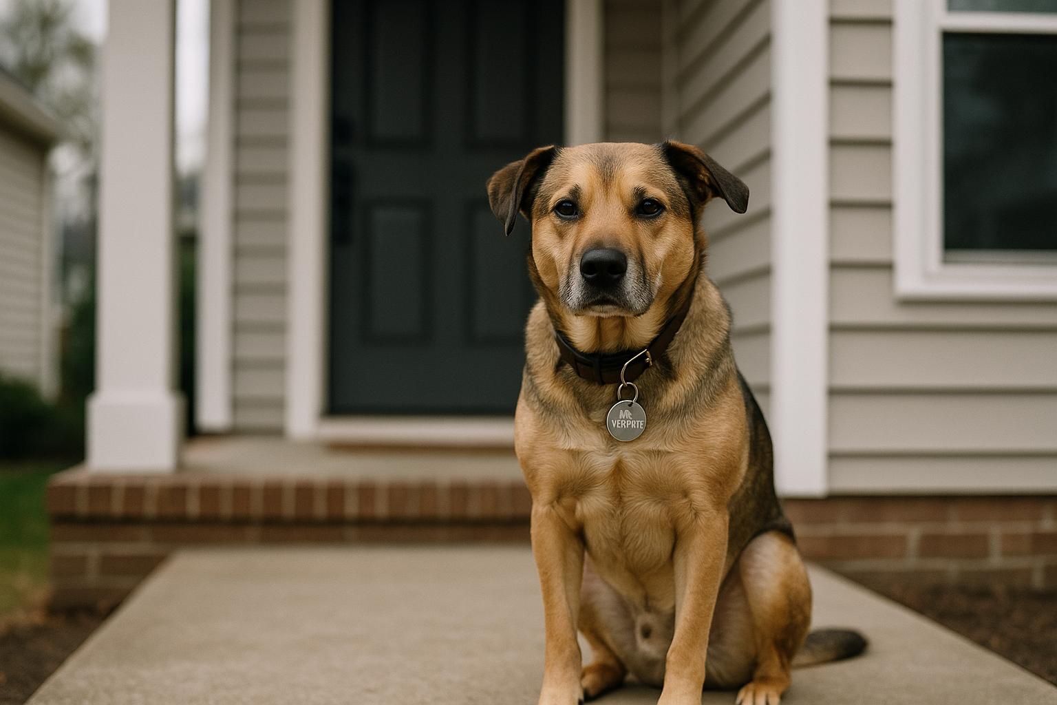 Mr. Forsythe, a medium mixed-breed shelter dog, sitting on a front porch in soft overcast light