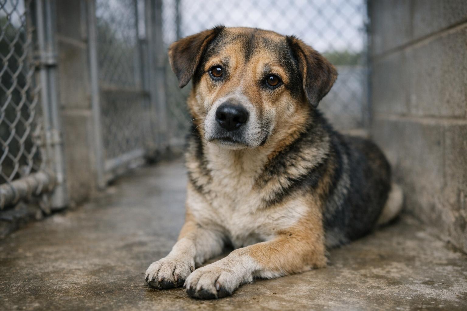 Mixed-breed shelter dog sitting calmly in a kennel under soft overcast light