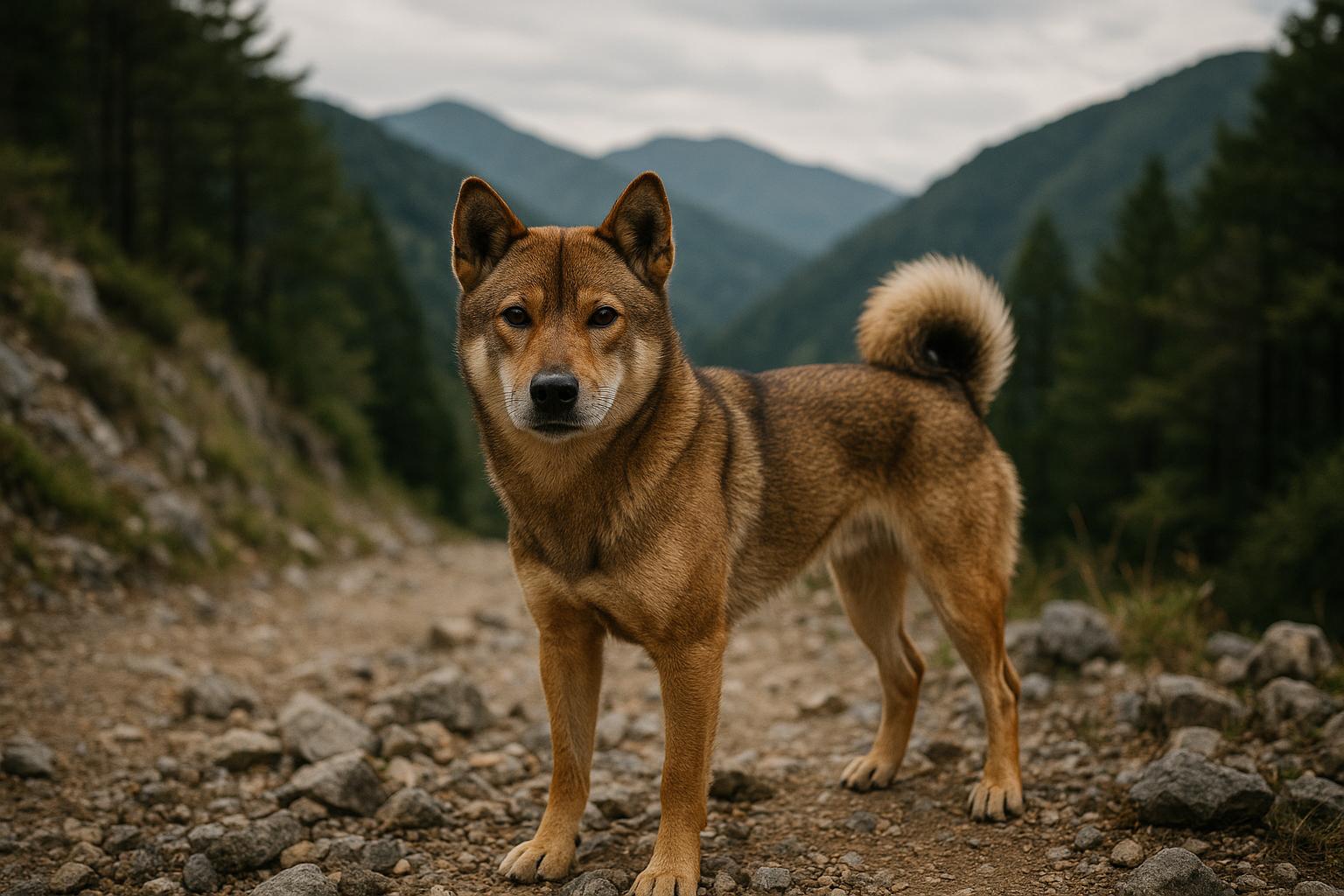 A Shikoku dog with a short sesame-colored double coat standing alert on a rocky mountain path, triangular ears and sickle-shaped tail visible.
