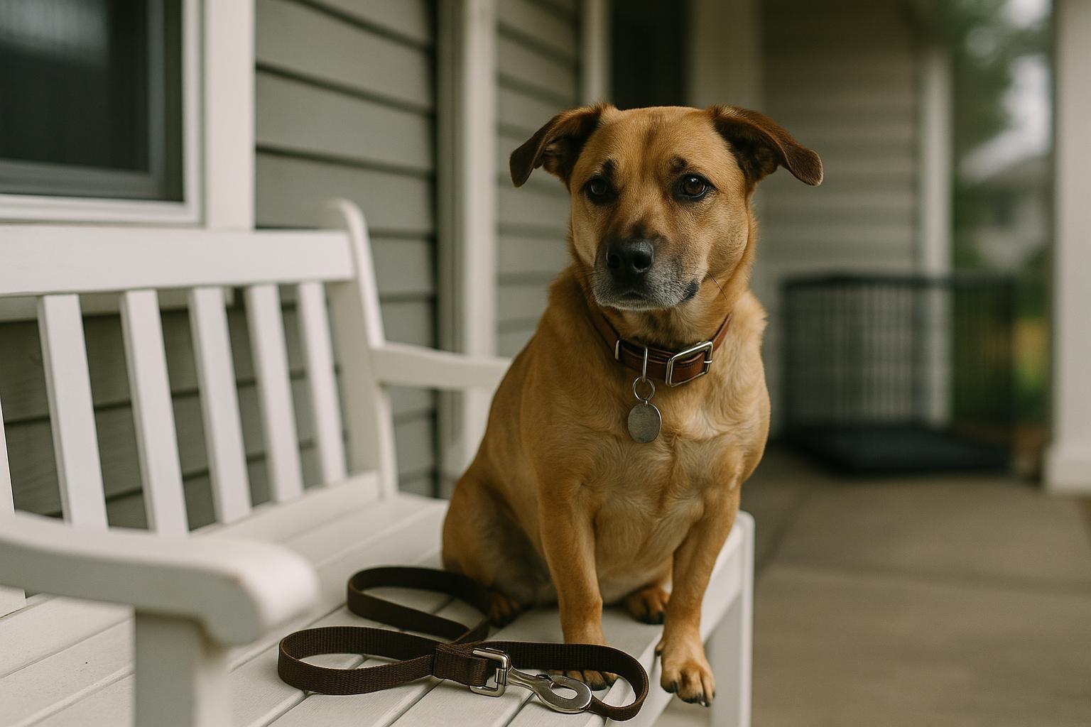 Collar and leash on a suburban porch seat with a closed dog crate in the background, early morning light