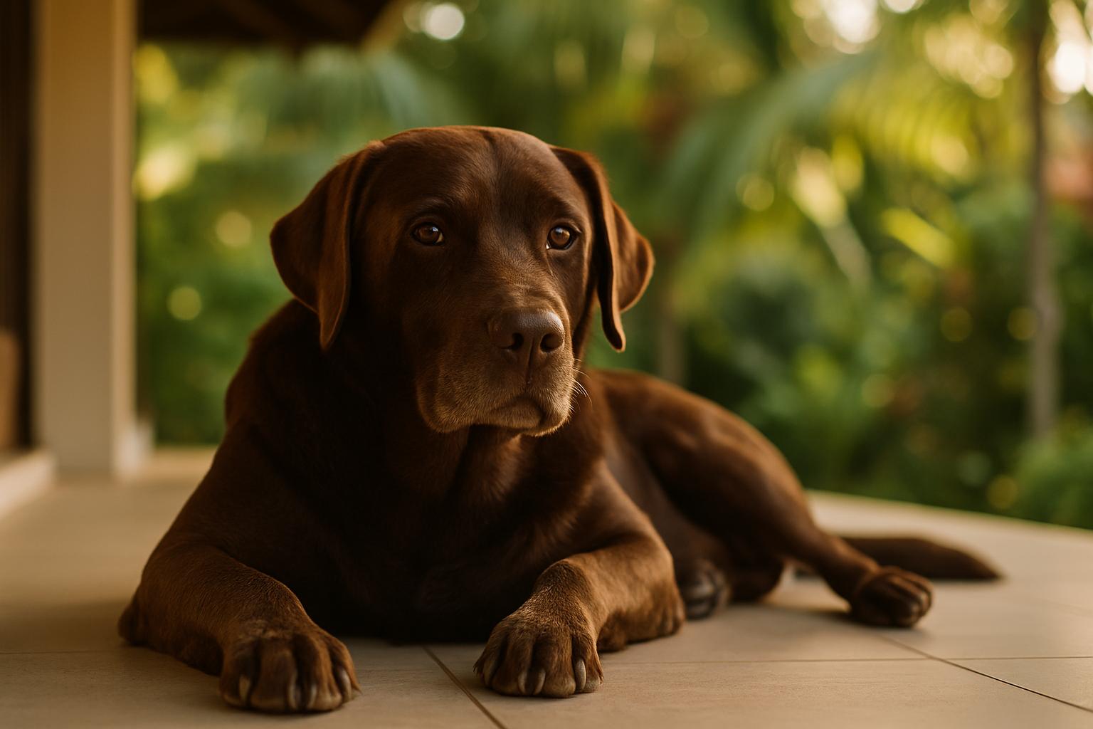 Shiloh, a chocolate Labrador, lying on a veranda on Christmas Island with tropical foliage in the background.