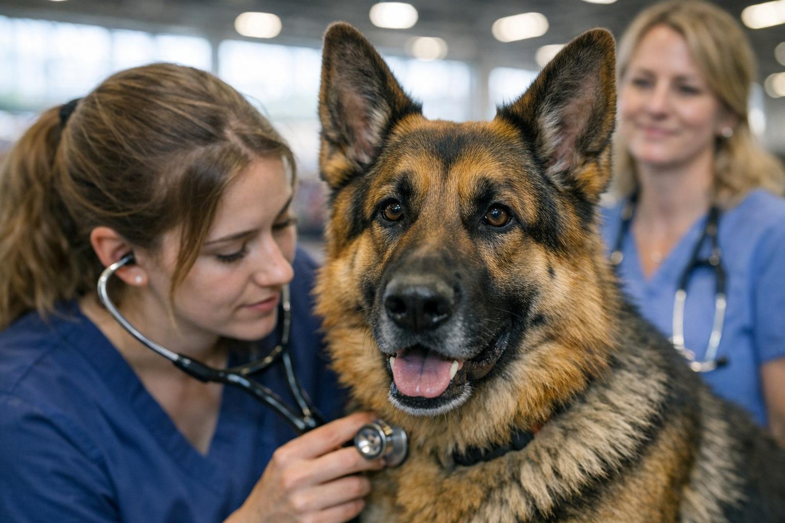 A German Shepherd being examined by a veterinary student inside the Greater Philadelphia Expo Center with a supervising veterinarian observing.