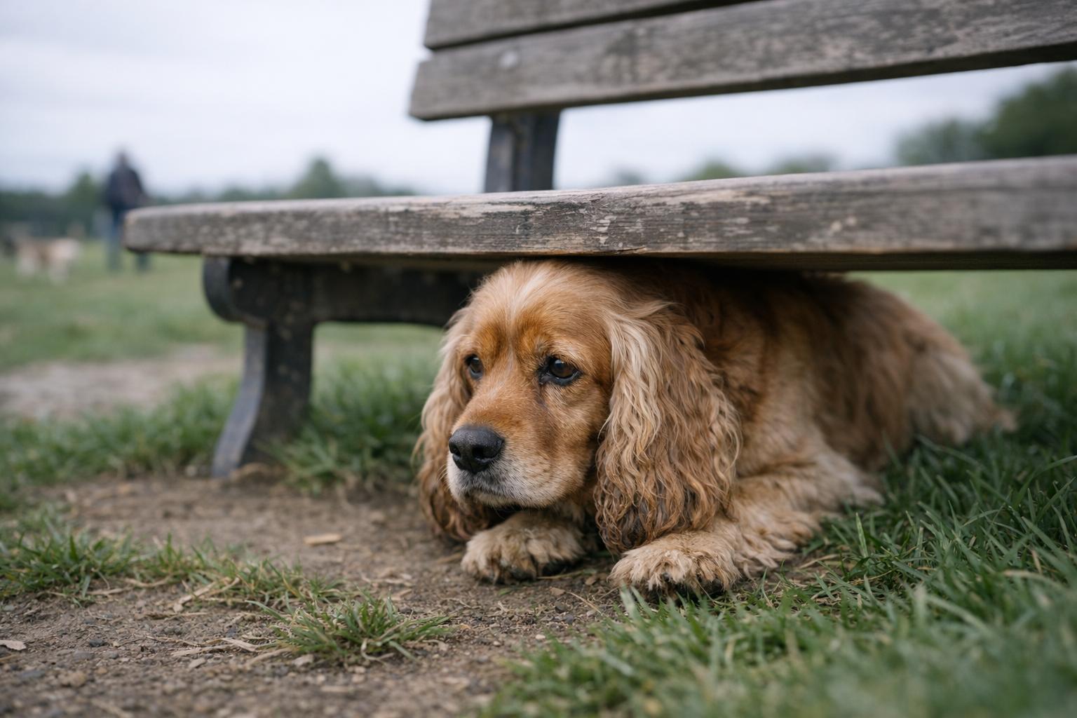 Cocker Spaniel partly sheltered beneath a park bench, looking withdrawn in a soft overcast light