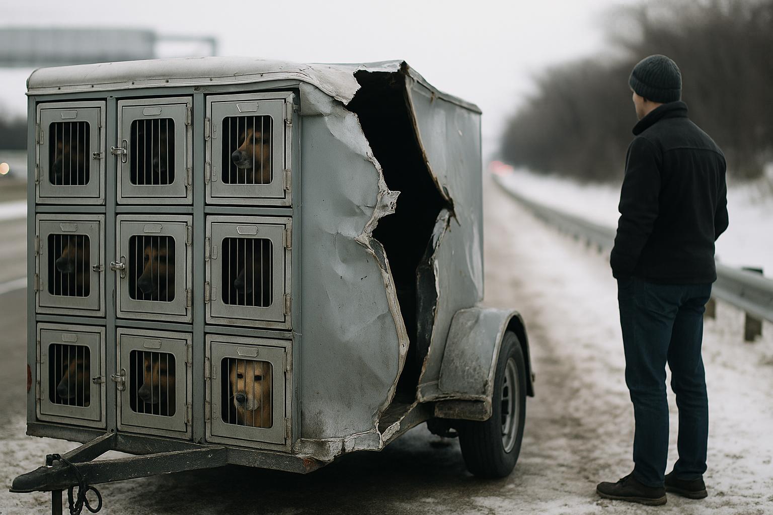 Damaged dog trailer split in half at roadside with crates and a person standing nearby, Interstate 394 in the background.