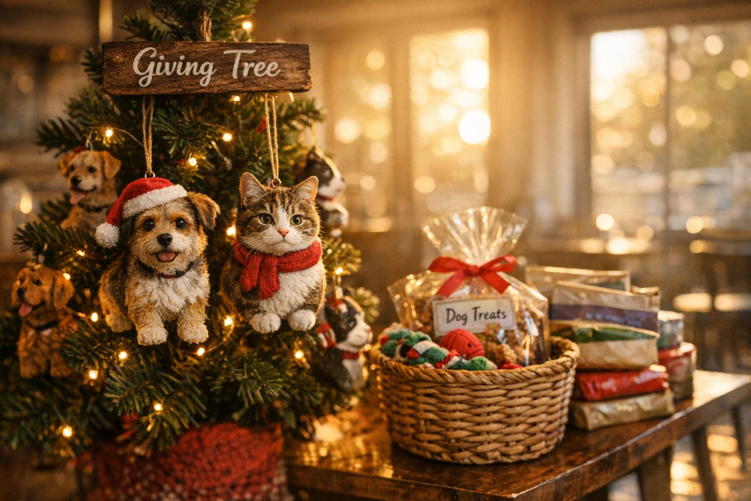 Giving Tree inside Simply Diego's decorated with dog and cat ornaments and holiday baskets of pet supplies