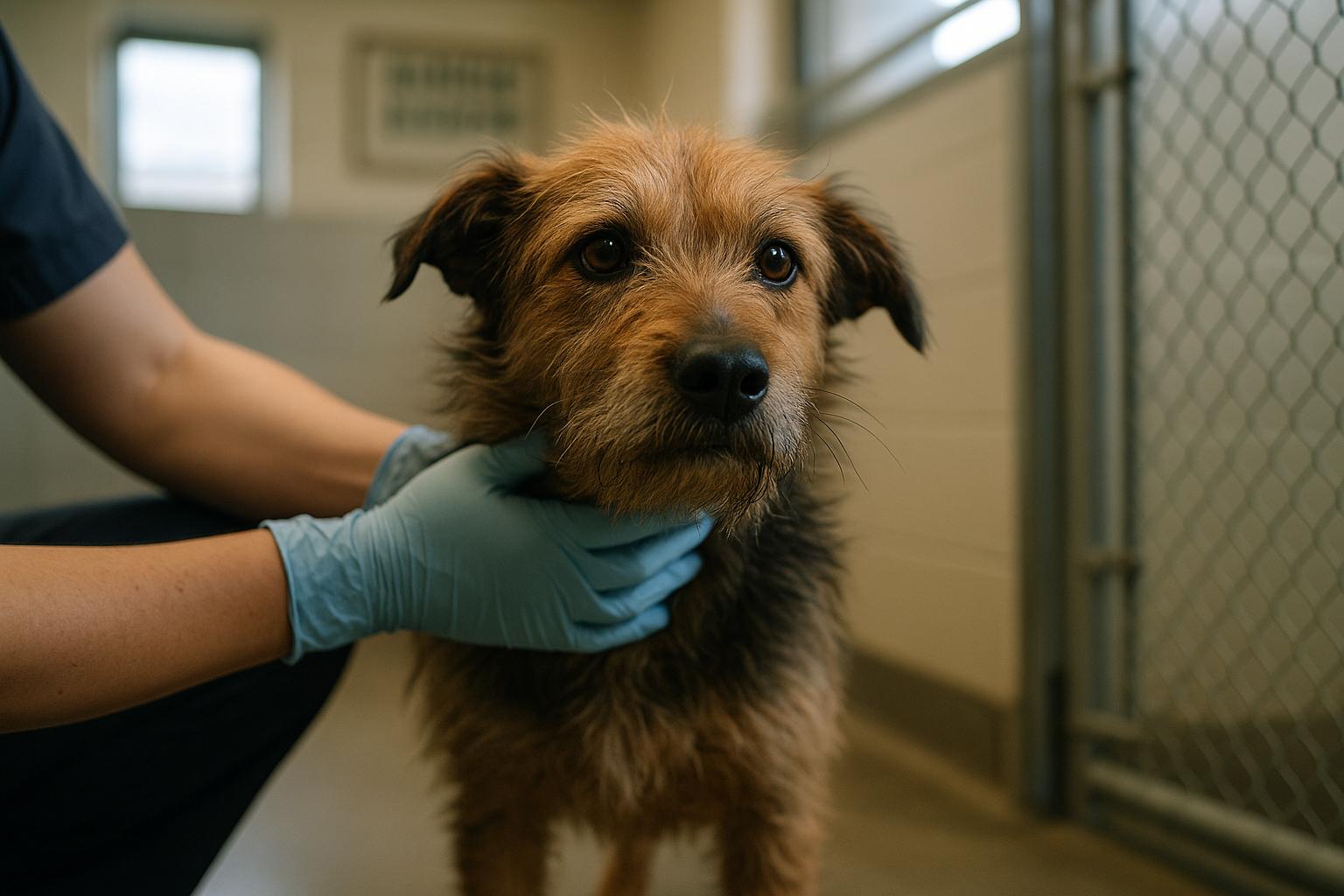 A rescued dog at a shelter kennel being examined by a technician, natural fur texture, soft indoor light