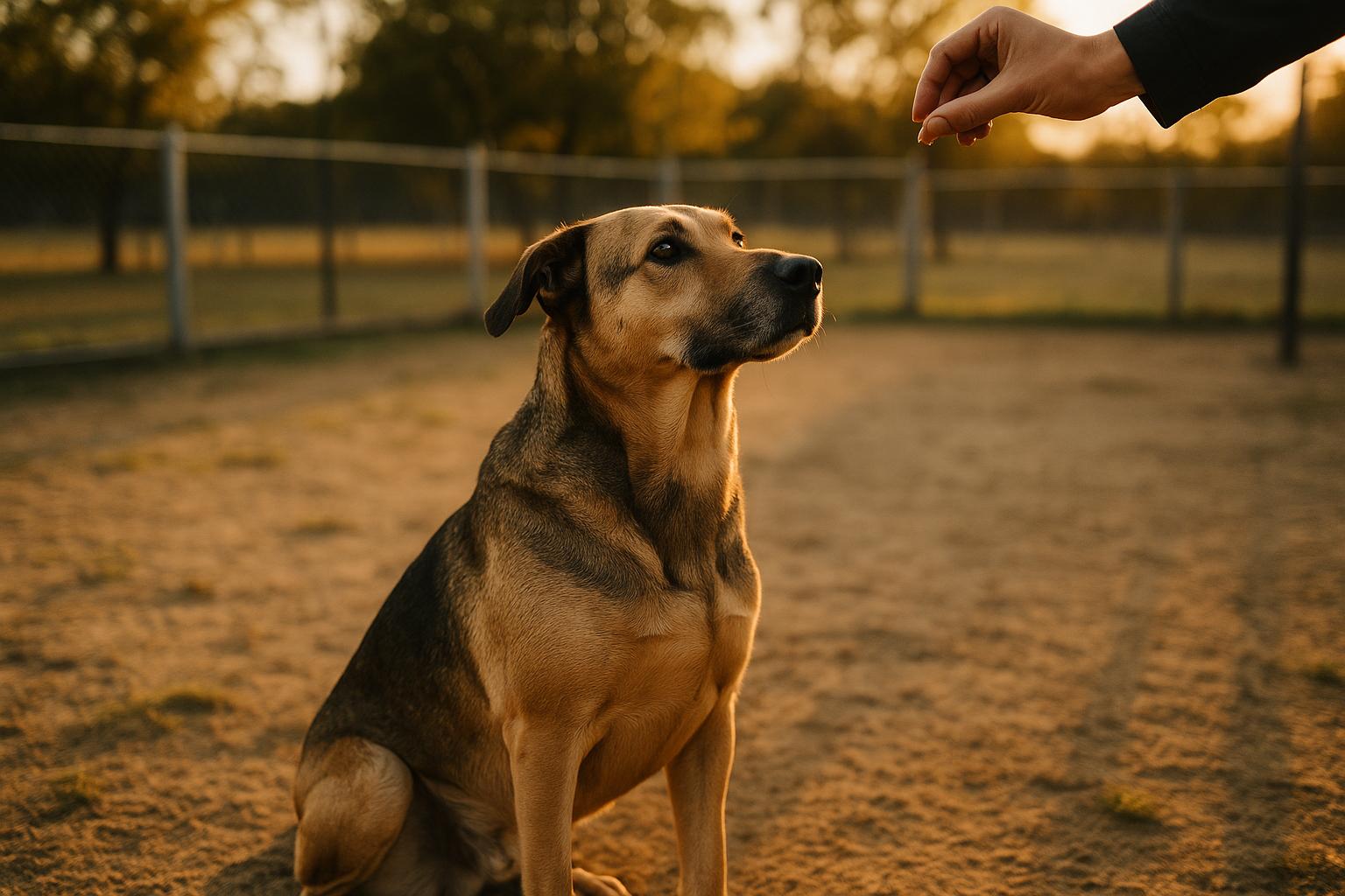 A calm mixed-breed dog sitting in a fenced training yard at golden hour, trainer nearby offering a treat.