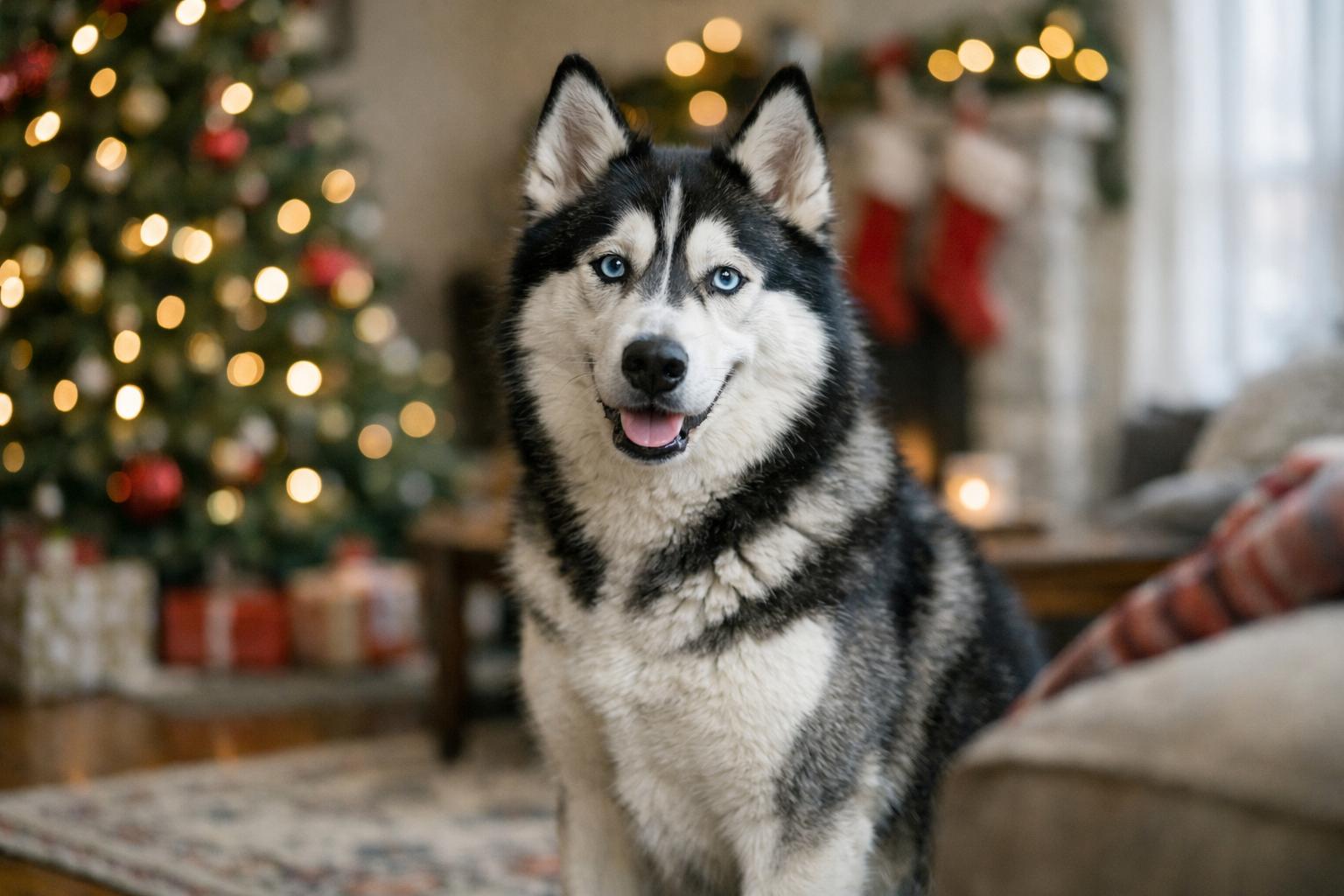 Siberian Husky sitting in a holiday-decorated living room, alert and playful