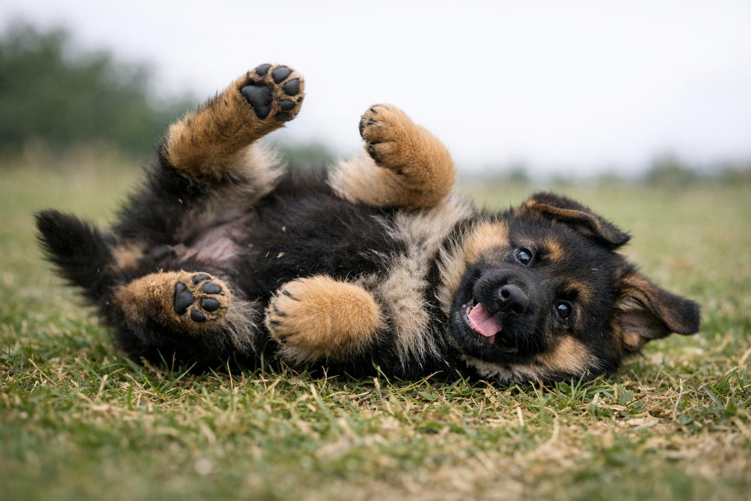 A young German shepherd puppy tumbling on grass at a shelter kennel