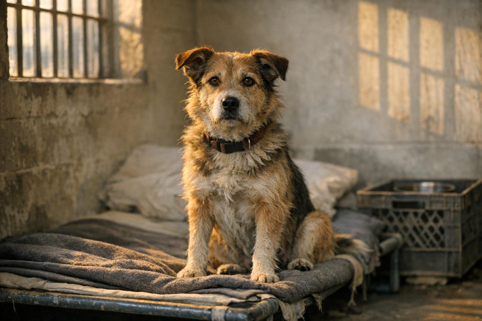 Pumpkin Pie, a rescue dog, sits on a cot inside a prison cell during the New Leash on Life program at George W. Hill Correctional Facility.
