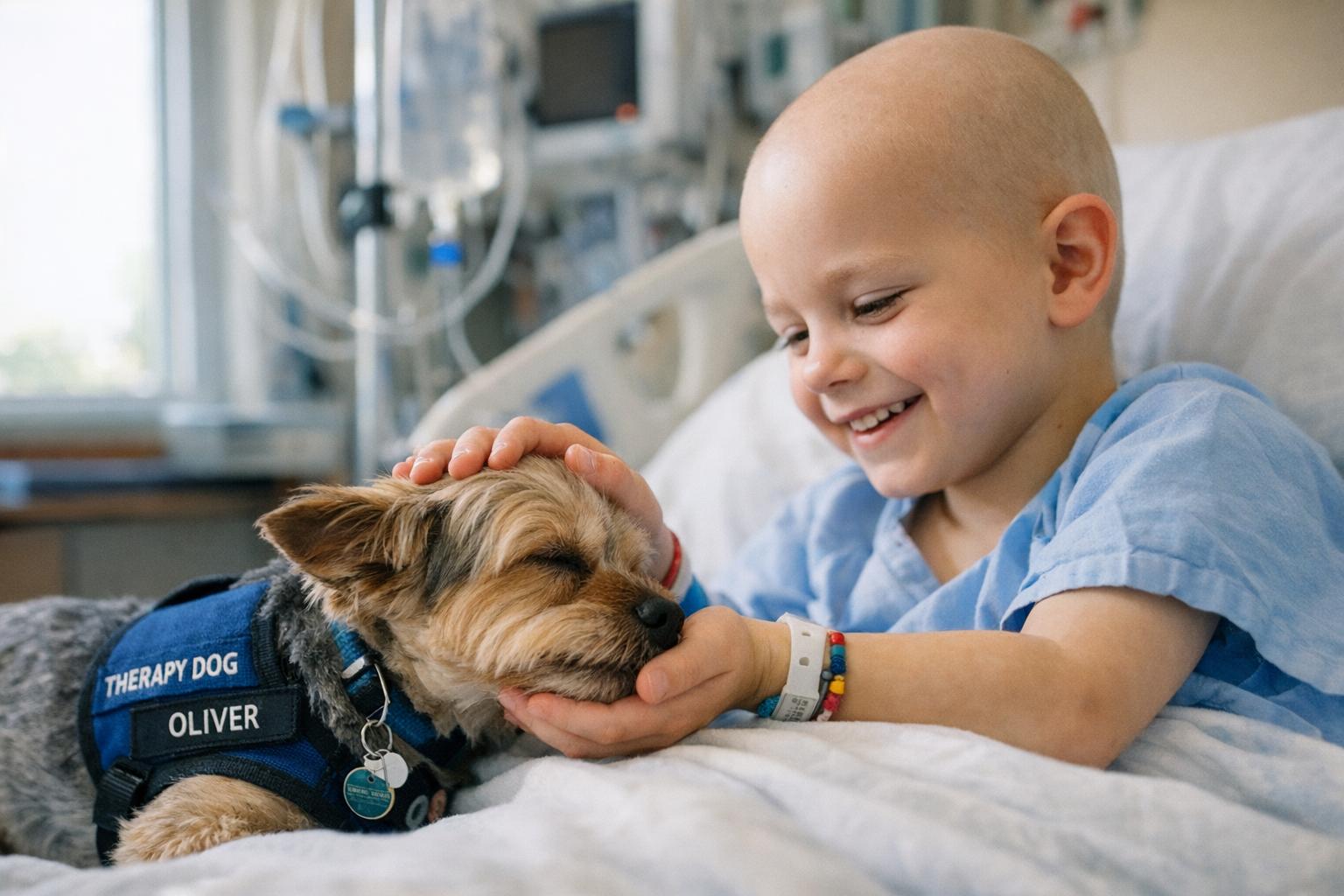 Therapy dog Oliver meeting a young patient on a hospital bed at HCA Palms West Hospital, soft natural light, candid moment.