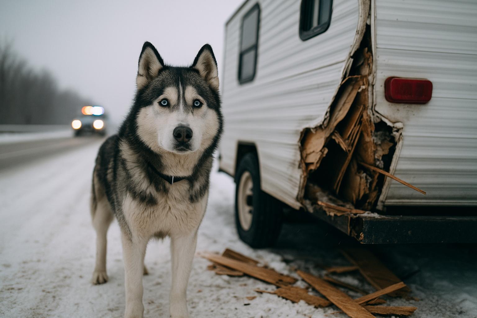 A Siberian Husky sled dog beside a damaged trailer on the shoulder of a snowy highway with emergency lights in the background