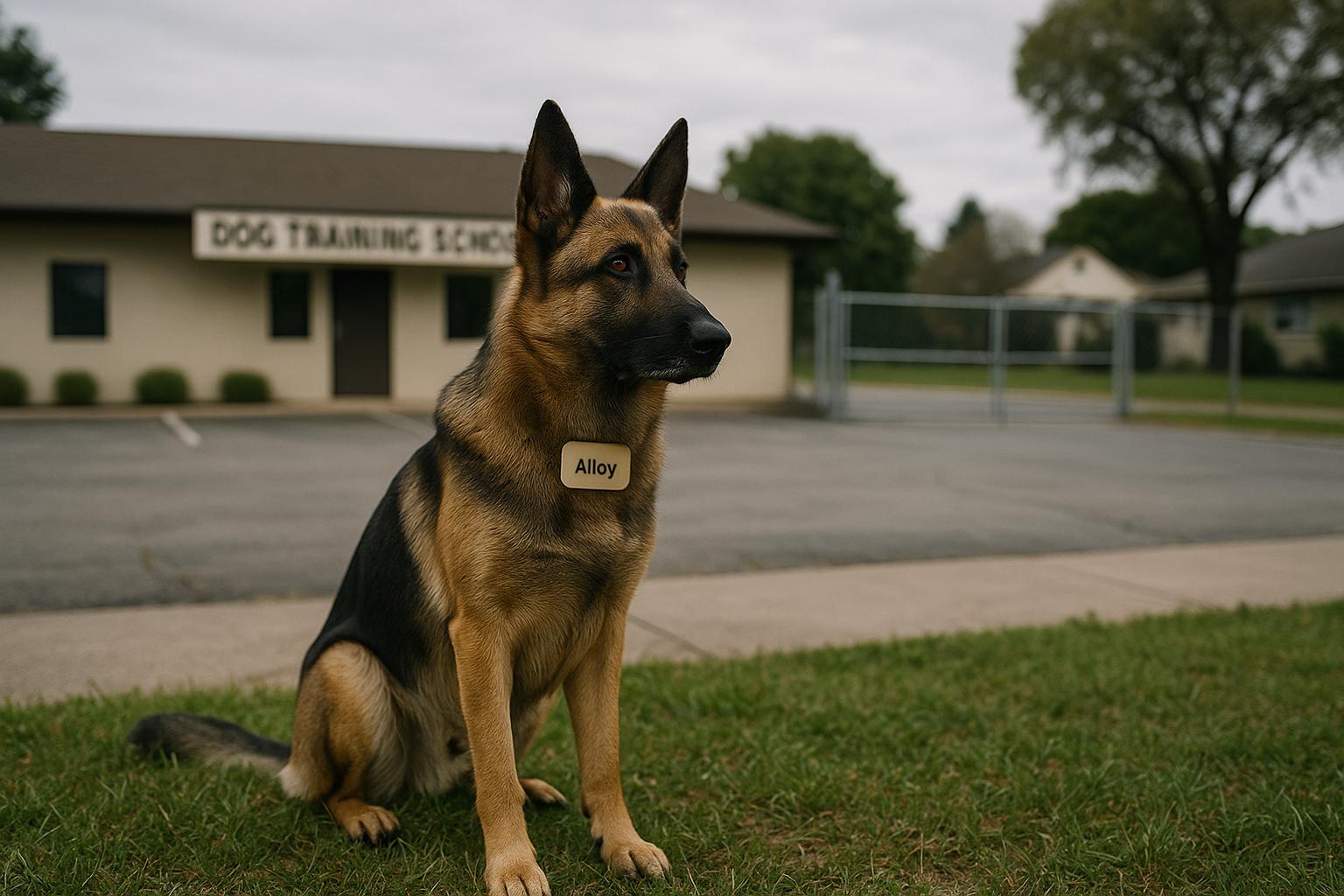 German Shepherd named Alloy sitting outside the closed Smart Dog School in Union, Boone County, with the school's gate visible in the background.
