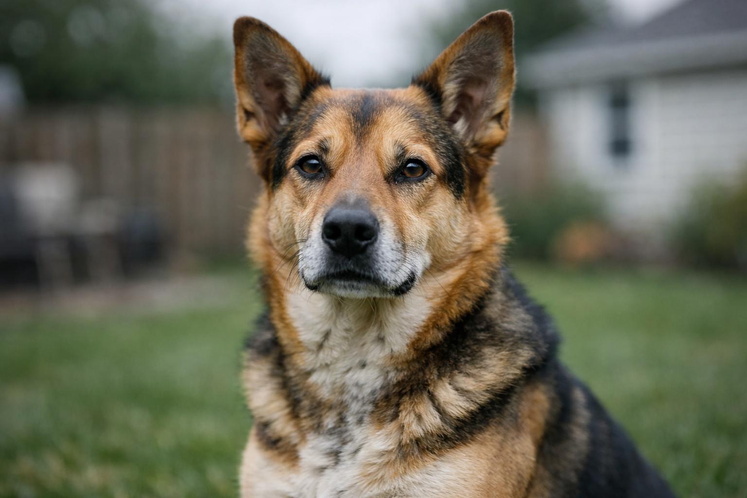 Medium-sized mixed-breed dog sitting alert in a suburban backyard, ears perked and eyes attentive