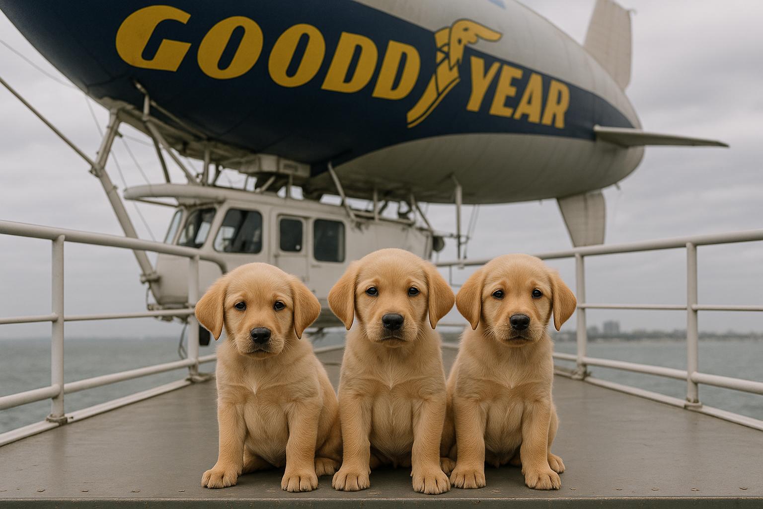 Three 10-week-old Labrador and golden retriever mix puppies on the deck of the Goodyear Snoopy blimp with coastal skyline in the background