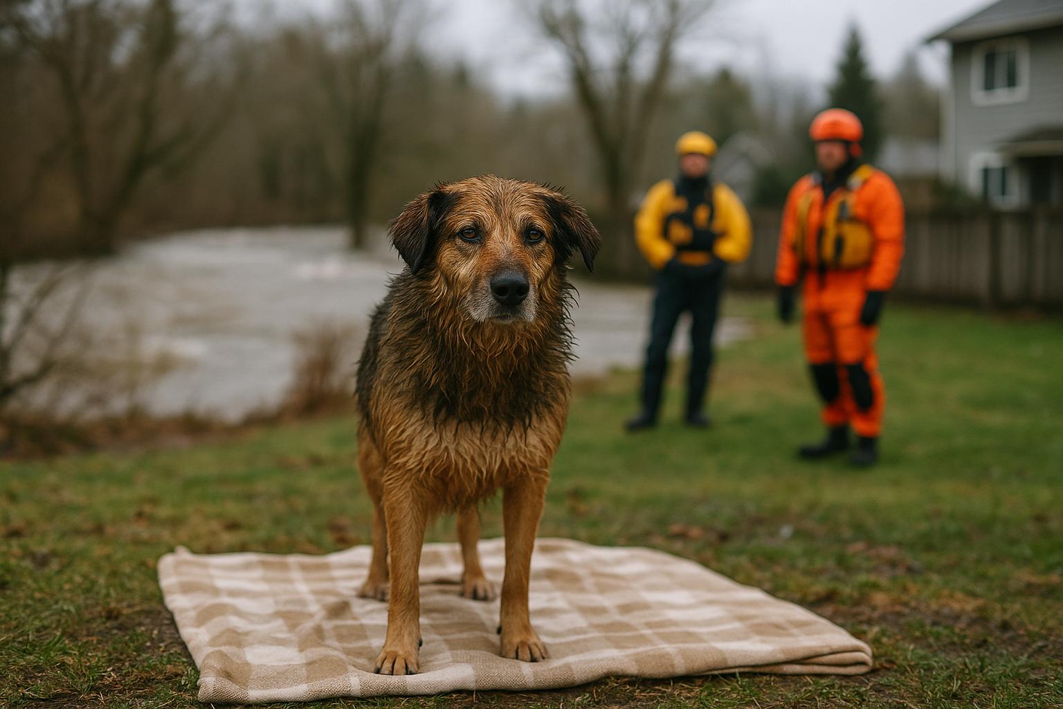 A medium-sized damp dog standing on a blanket in a backyard near a swollen riverbank with emergency responders in the background.
