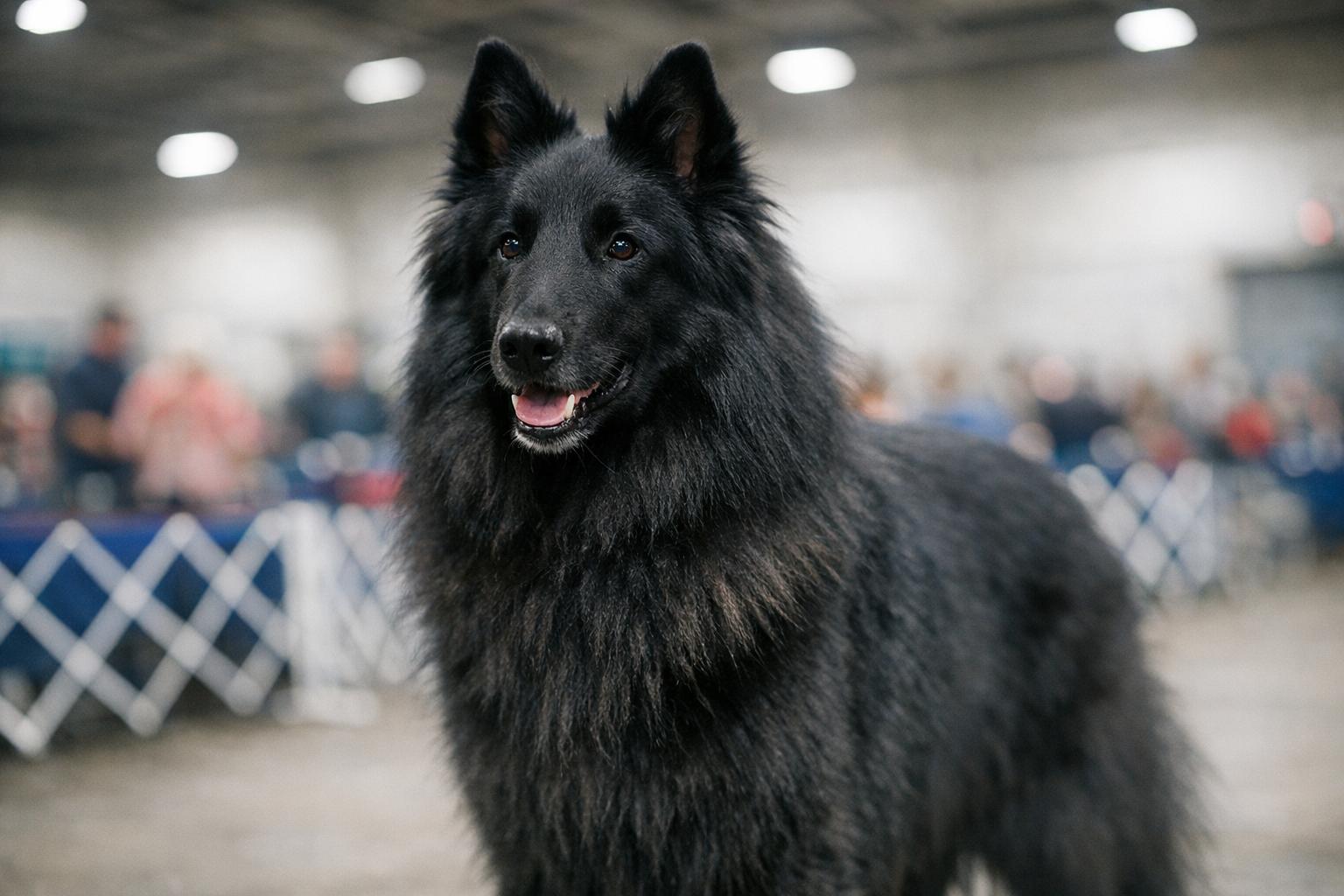 Soleil, a black Belgian Sheepdog, standing in a dog show ring with a handler and blurred arena background