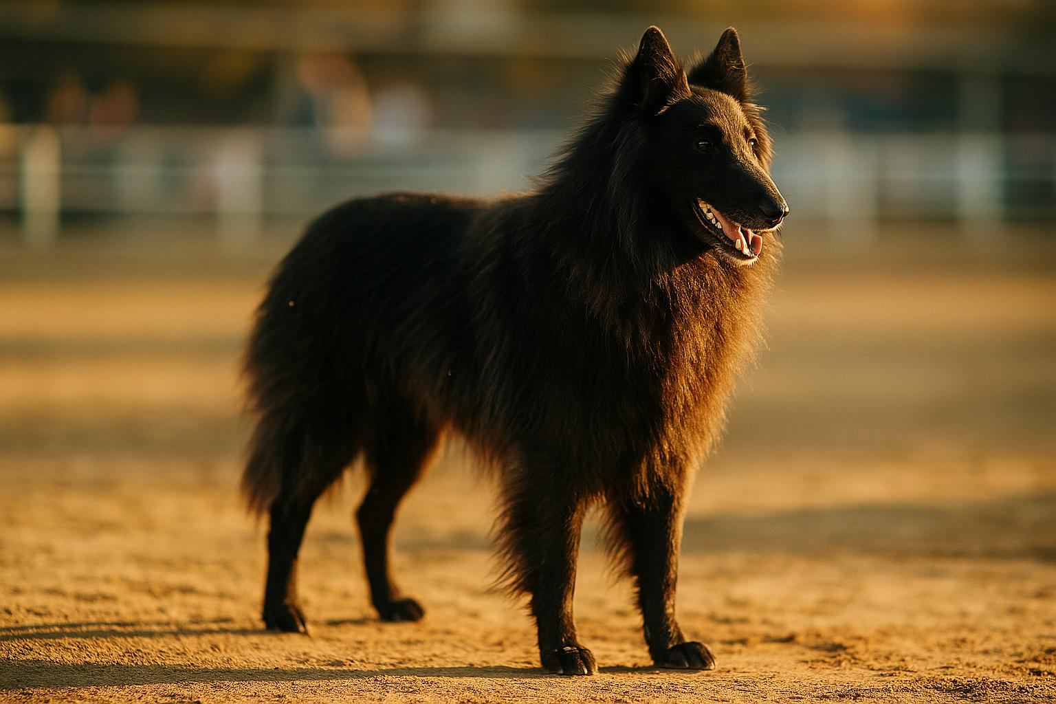 Belgian Sheepdog standing in a dog show ring with a blurred arena background
