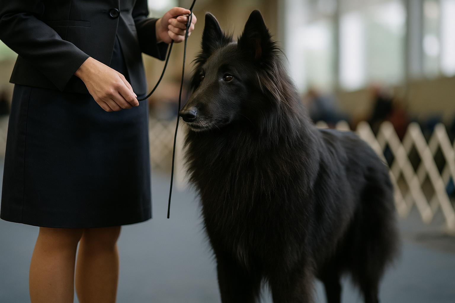 Soleil, a Belgian Sheepdog, standing in a dog show ring with handler Daniel Martin