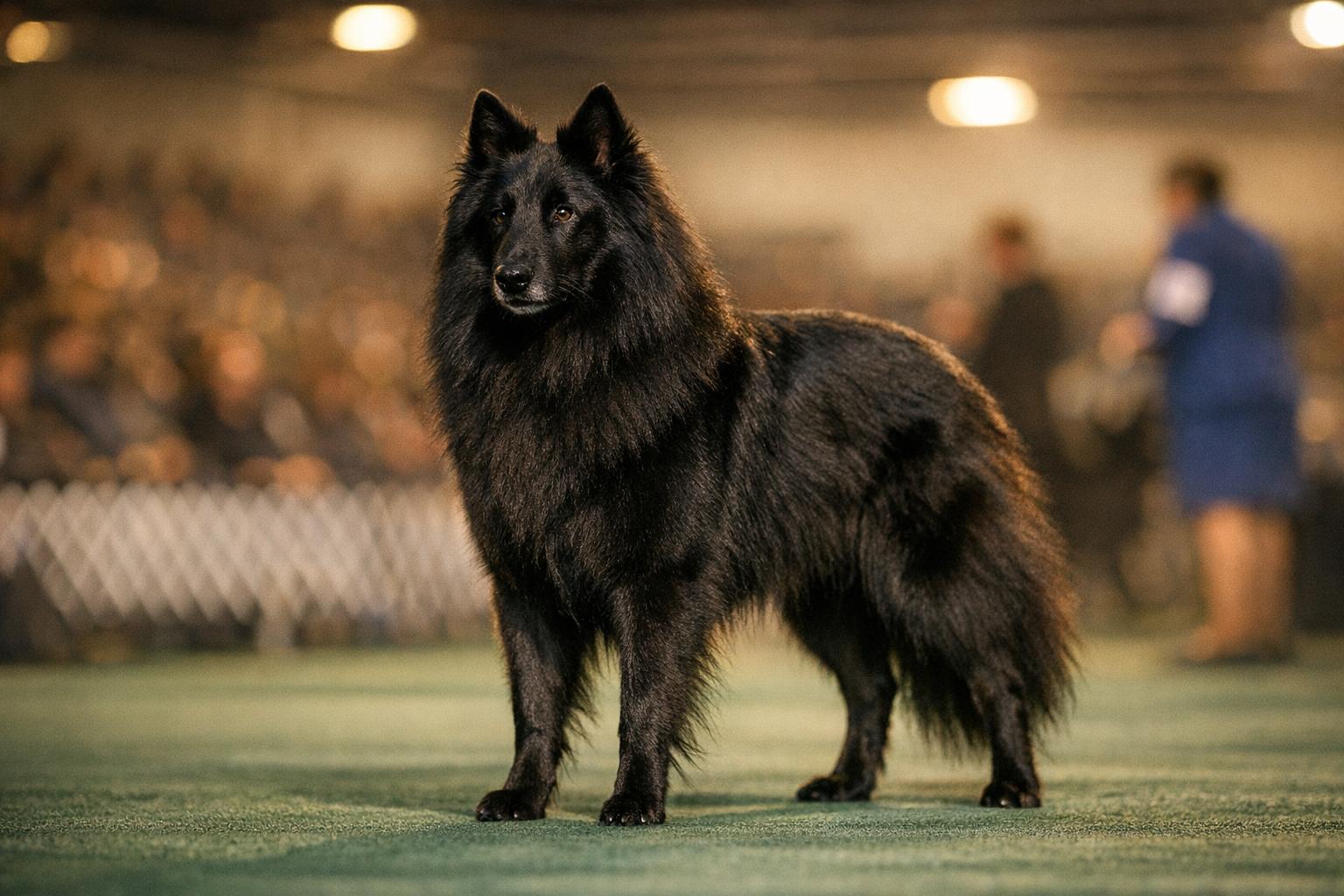 Soleil, a pitch-black Belgian Sheepdog, standing in the center of a dog show ring with a blurred crowd behind her