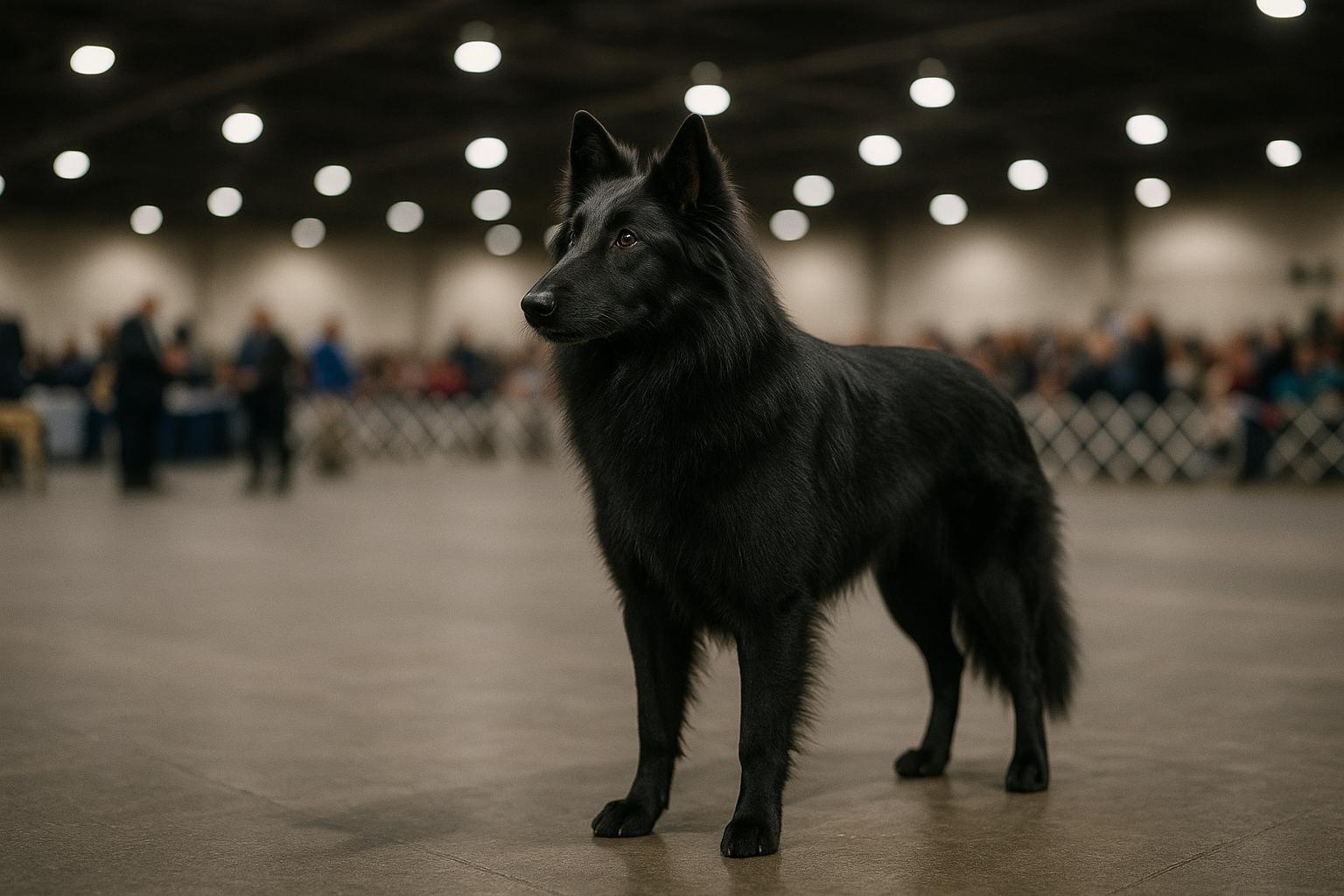 Soleil, a black Belgian Sheepdog, posed in a show ring at the Greater Philadelphia Expo Center