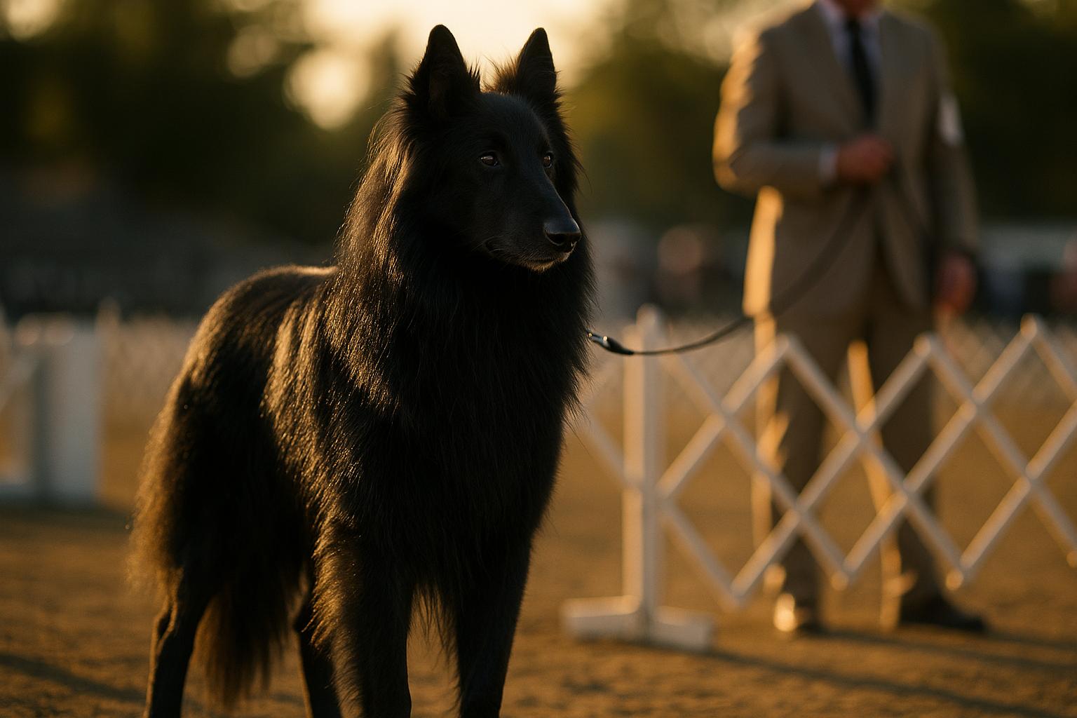 Belgian sheepdog standing poised in a competition ring, fur glossy and textured, with a handler blurred in the background