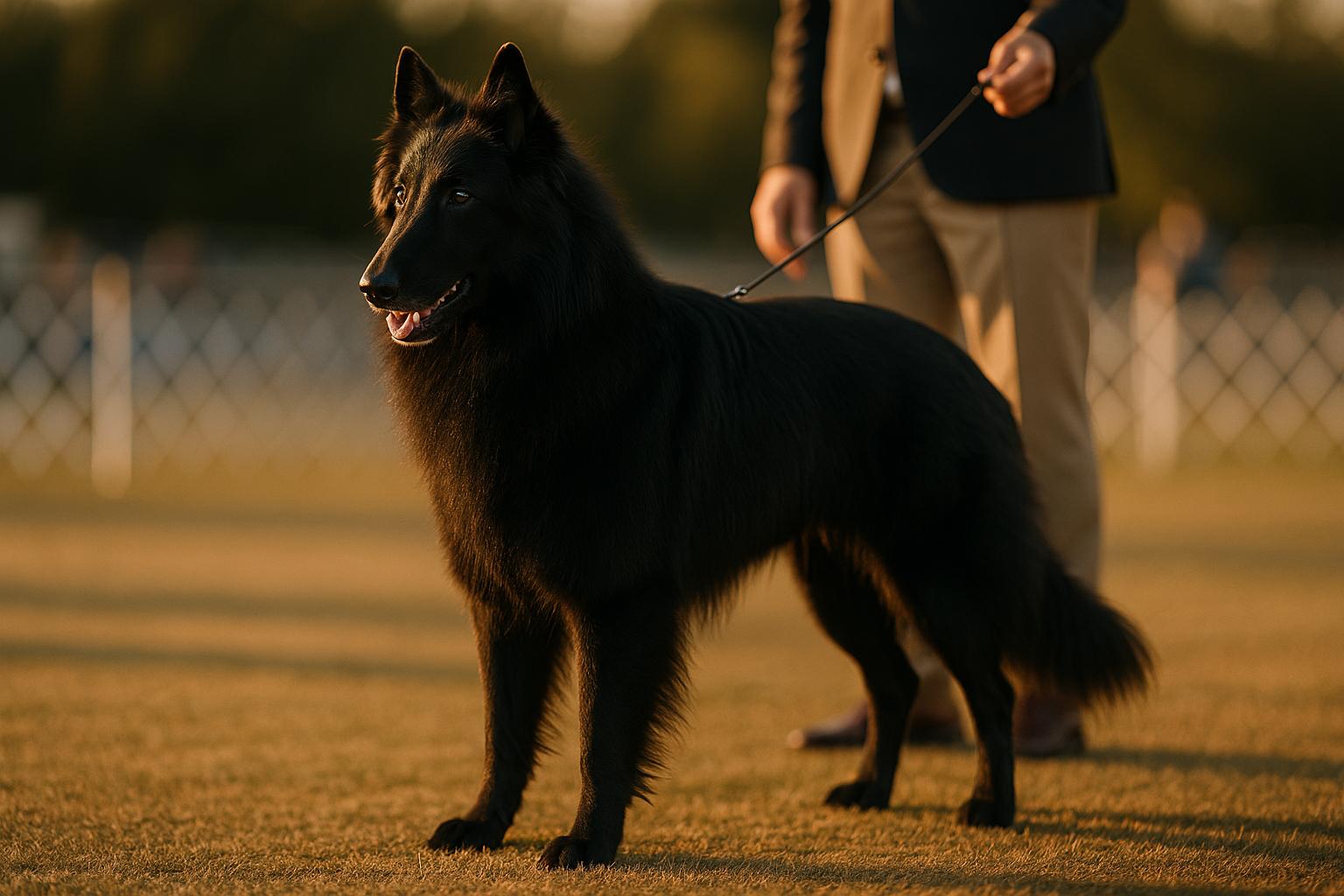 Soleil, a black Belgian Sheepdog, standing in a dog show ring with handler visible in background
