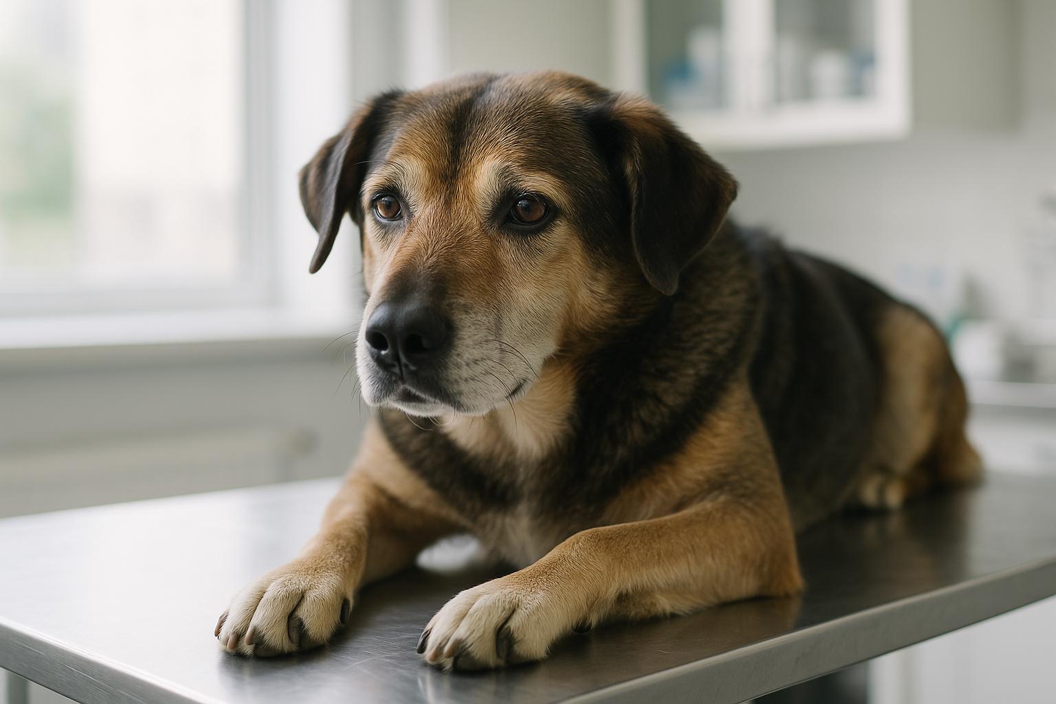 Senior mixed-breed dog resting on an examination table in a veterinary clinic under soft window light