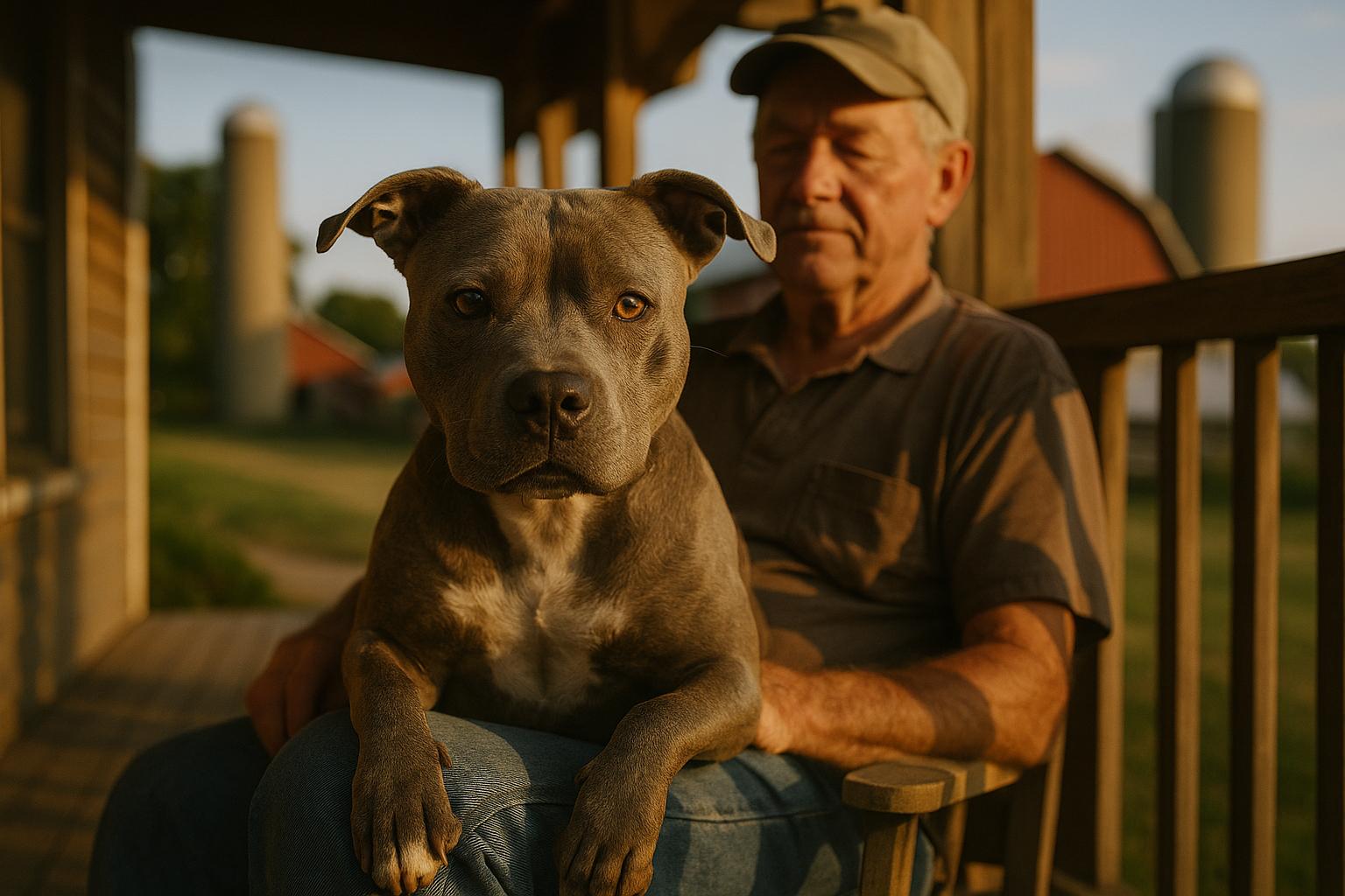 Pepper, a one-year-old pit bull mix, sitting on an older man's lap on a farmhouse porch in Wisconsin