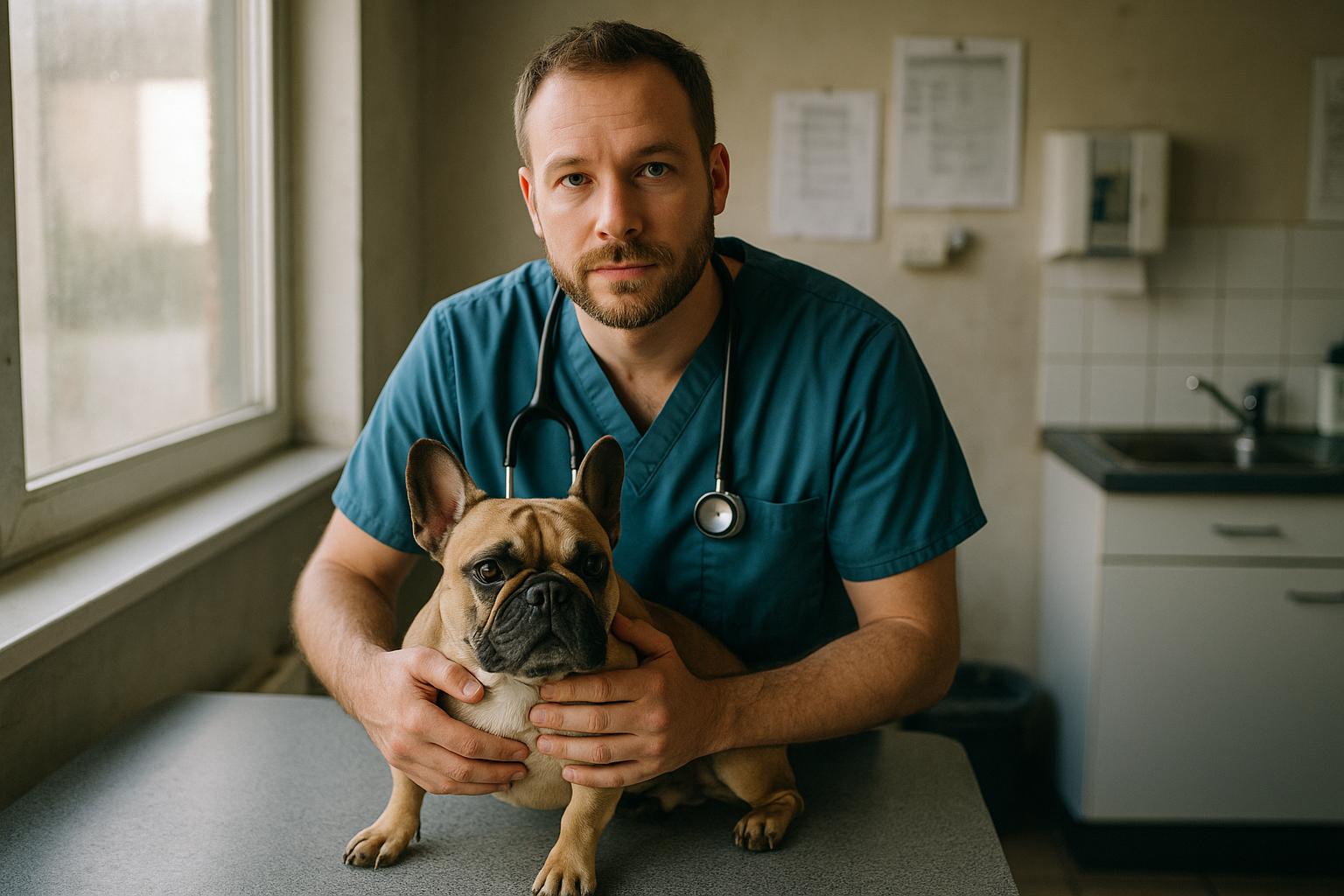 Veterinarian in clinic holding a French Bulldog on an exam table, natural window light