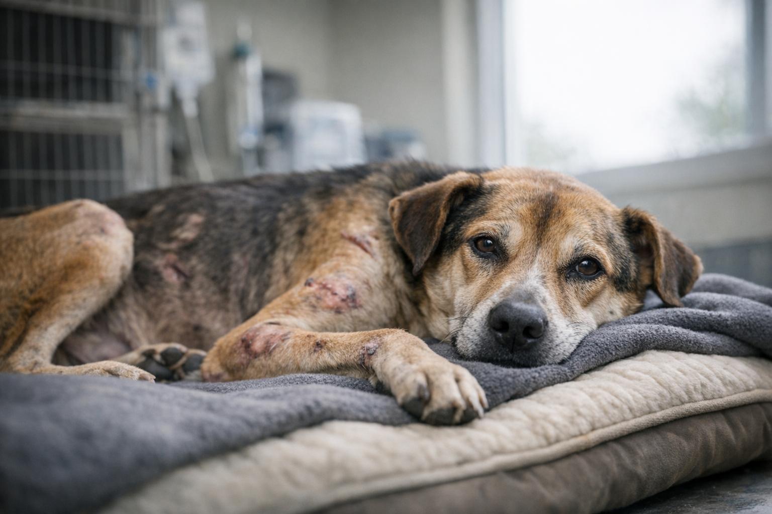 Scarred, underweight shelter dog resting on a padded bed in a clinic, showing healed wounds and calm expression