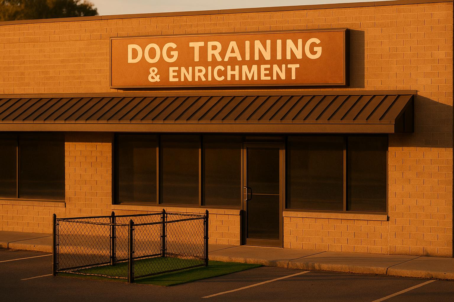Commercial storefront with a sign reading 'Dog Training & Enrichment' and a small fenced yard at golden hour
