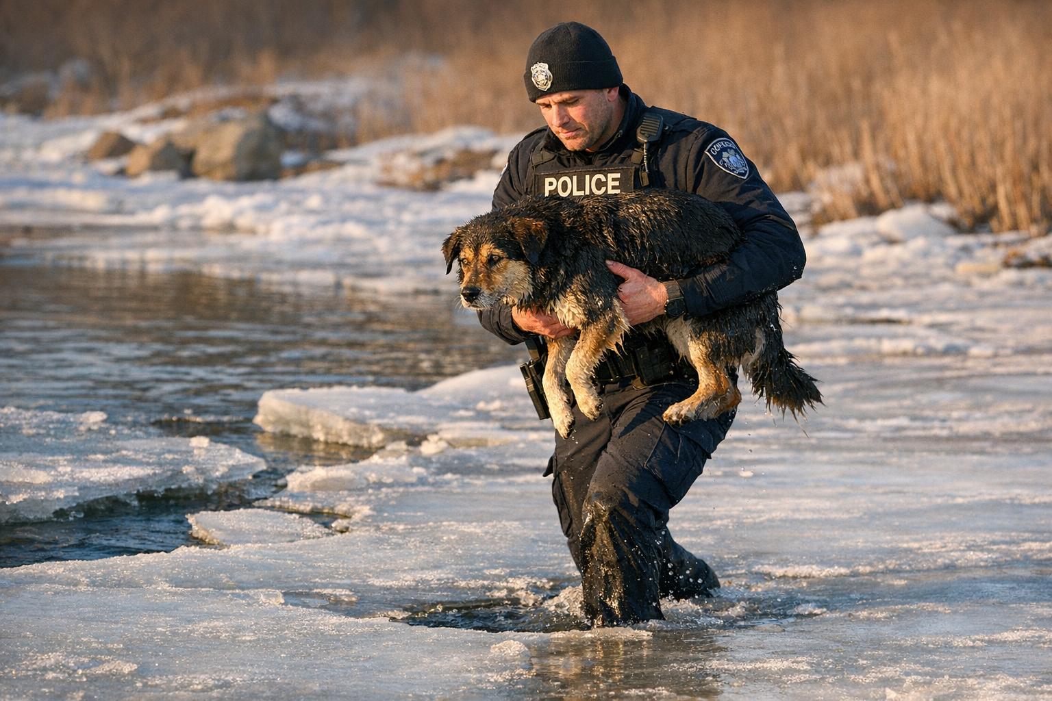 Sparta police officer carrying a wet dog across solid ice near a broken section of a frozen lake