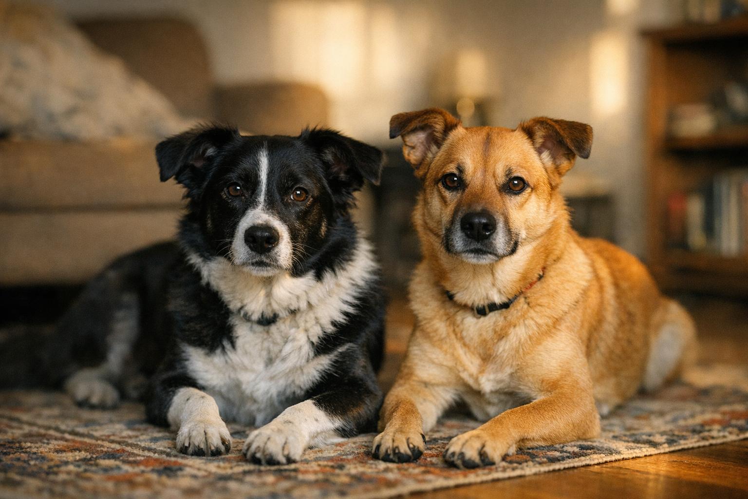 Two medium-sized dogs sitting calmly on a living room rug inside an apartment, photographed in soft natural light.