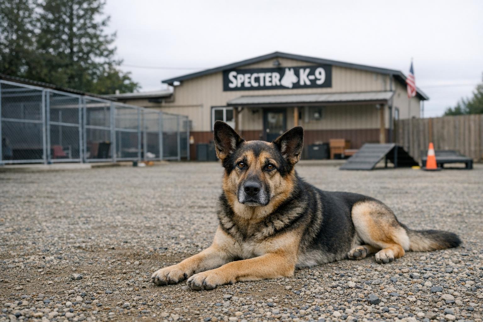 A single adult kennel-trained dog resting in a fenced training yard outside the Specter K-9 facility under soft overcast light.