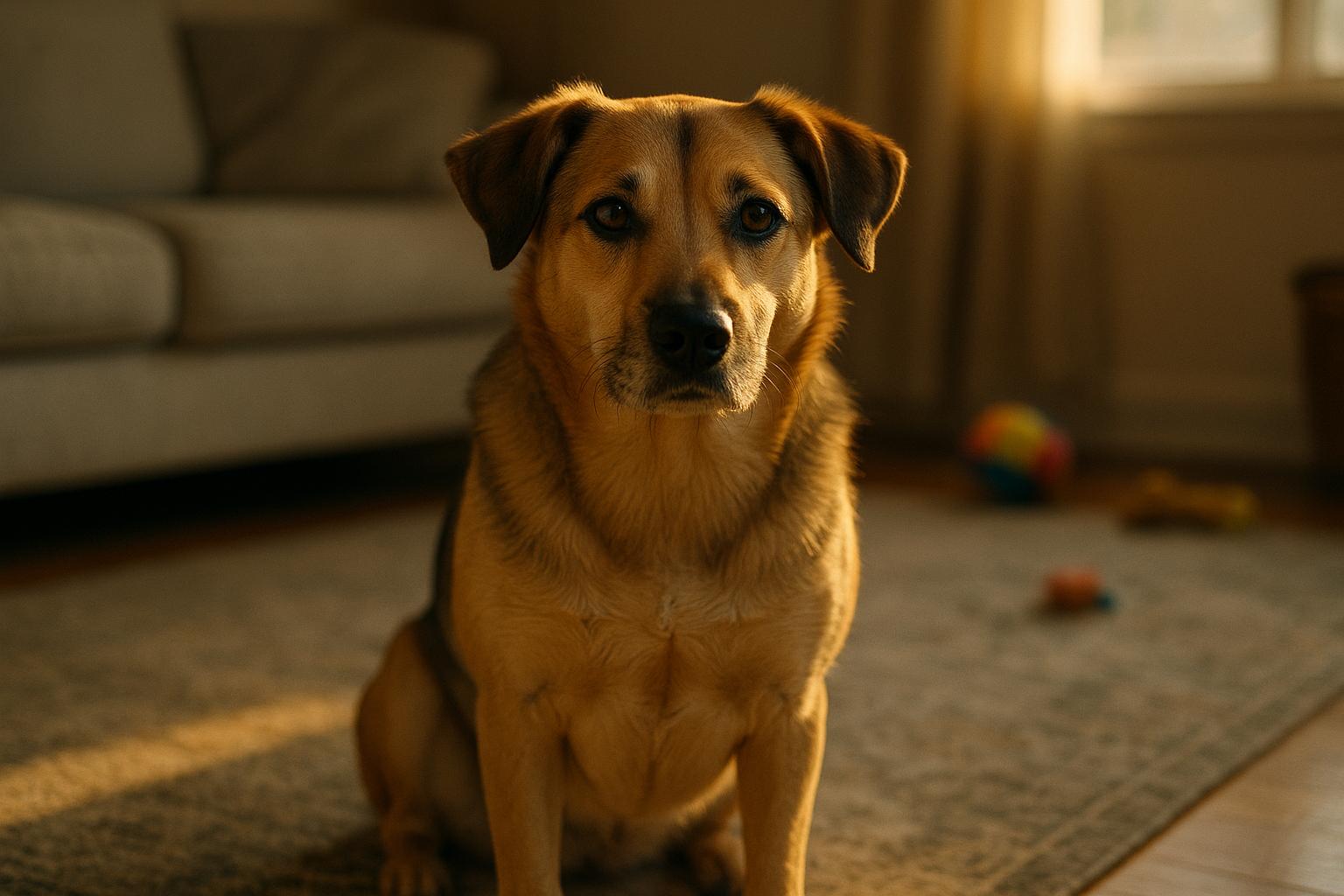 Medium mixed-breed family dog sitting calmly in a living room, sunlight through a window